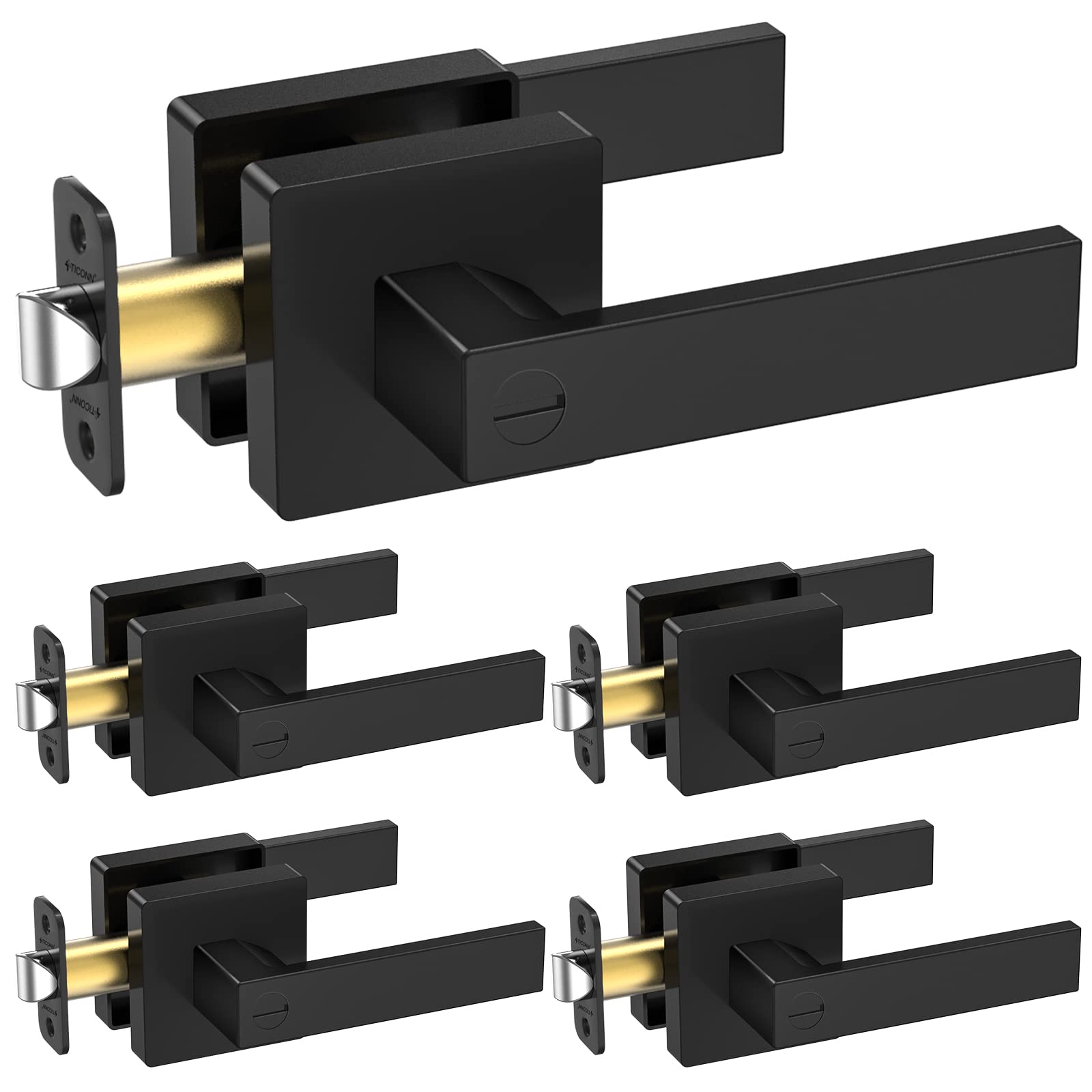 TICONN Matte Black Door Handle Heavy Duty, Reversible Square Door Lever for Bedroom, Bathroom, Rooms (Privacy, 5 Pack)