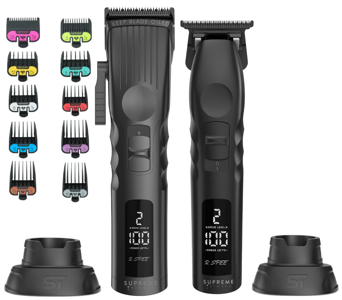 Supreme Trimmer 2-in-1 2Spee Beard Trimmer & Hair Clipper Combo | Removable Blades, 2 Speeds, LCD Display | Cordless Professional Barber Tools - Easy Color Coded Clipper Guide Combs | STB280 (Black)
