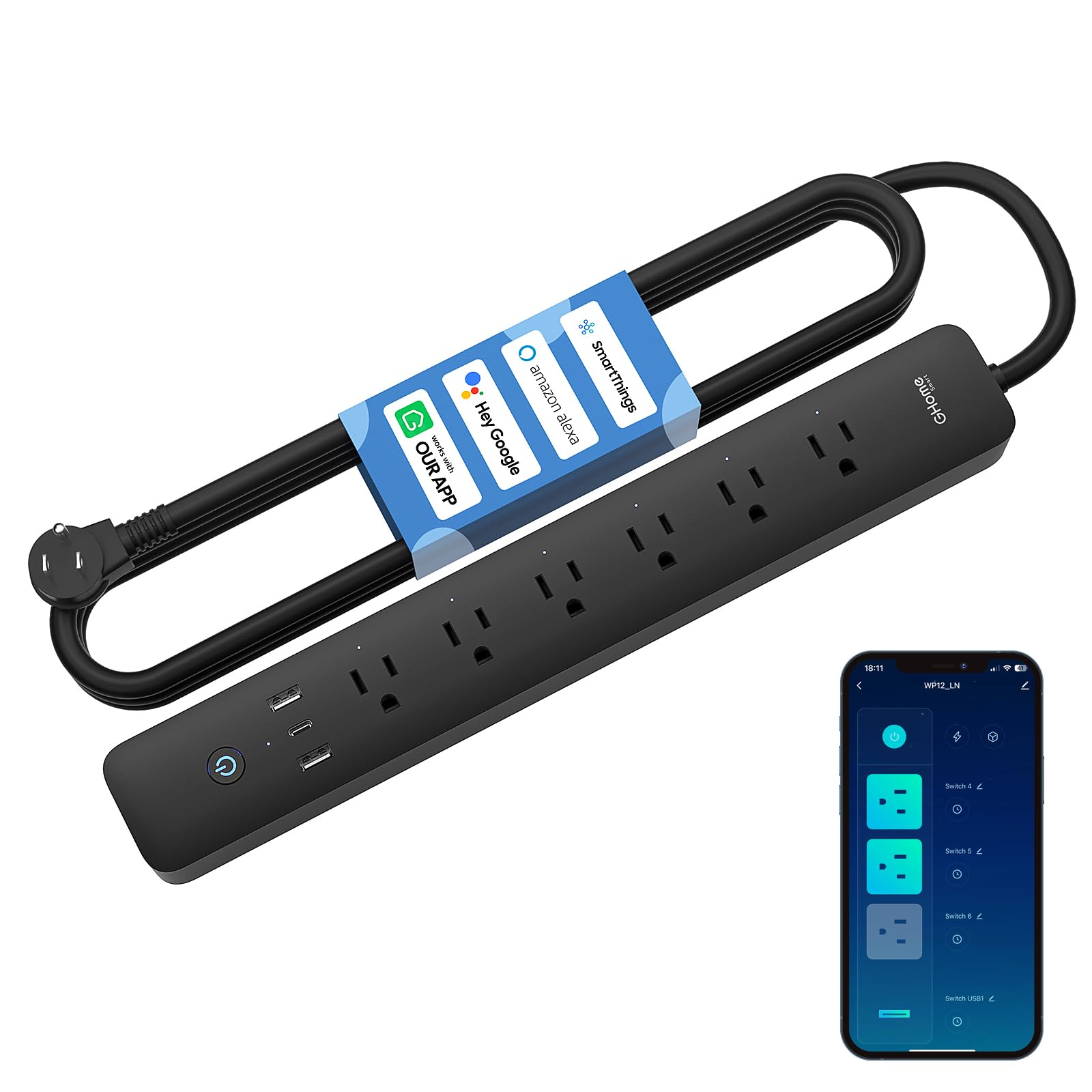 GHome Smart Power Strip, Smart Plugs 3 USB (2A1C 30W) and 6 Individually Controlled Outlets, WiFi Surge Protector Compatible with Alexa Google, 7.18 ft Mountable Flat Plug with Overload Protection