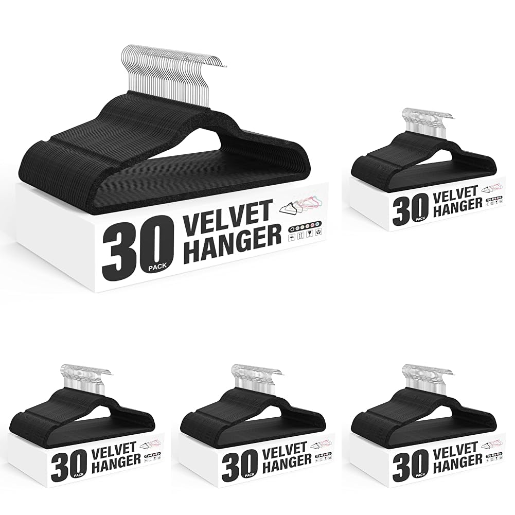 Simple Deluxe Velvet Hangers 150 Pack, Non-Slip Clothes Hangers with Shoulder Notches, 360° Swivel Hooks, Heavy Duty Coat Suit Hangers for Closet Space Saving, Black