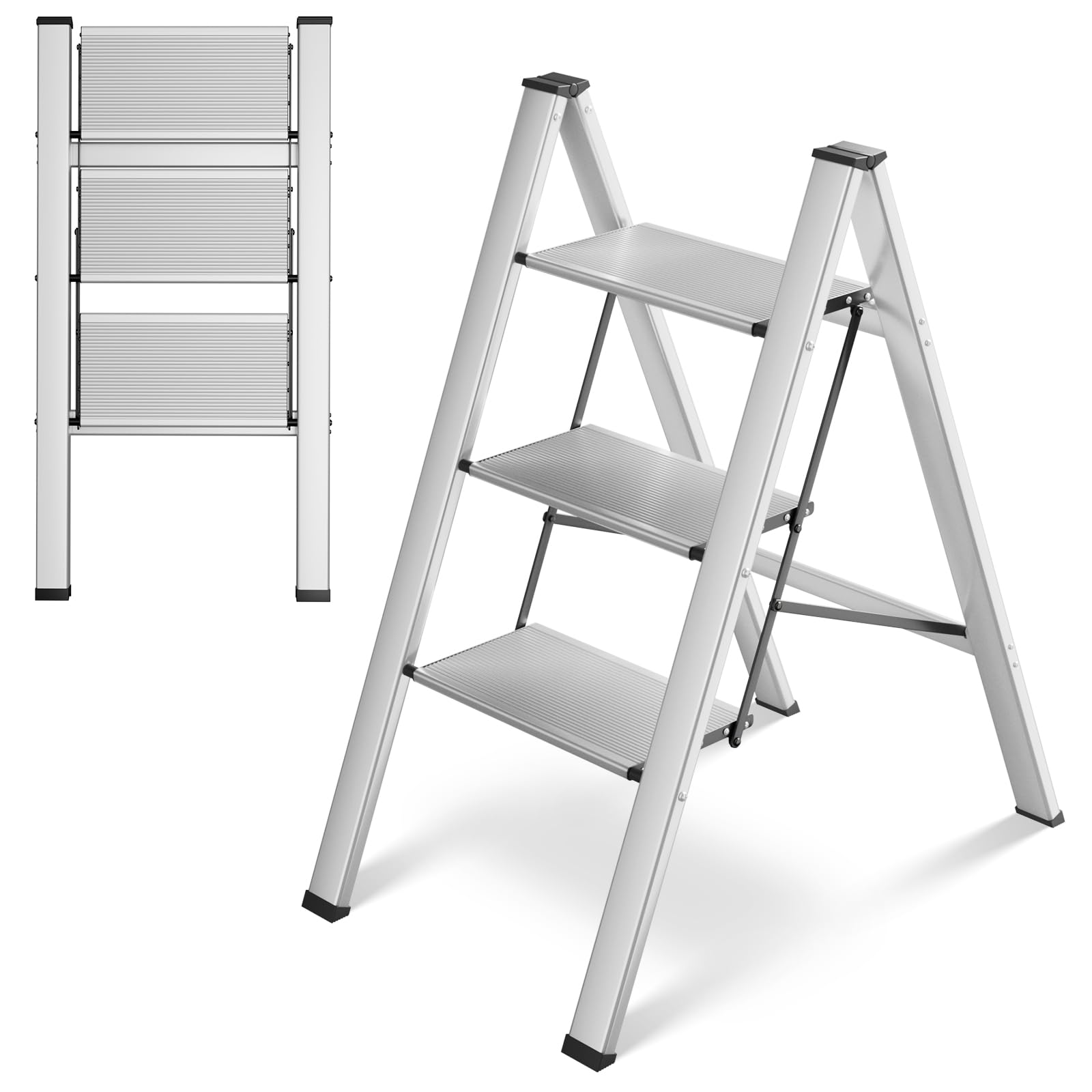 TLGREEN 3 Step Ladder, Aluminum Step Ladder 3 Step Folding with Anti-Slip Pedal, 330LBS Capacity Folding Step Ladder, Lightweight Stepladder for Kitchen, Office, Home, Garage (Silver)