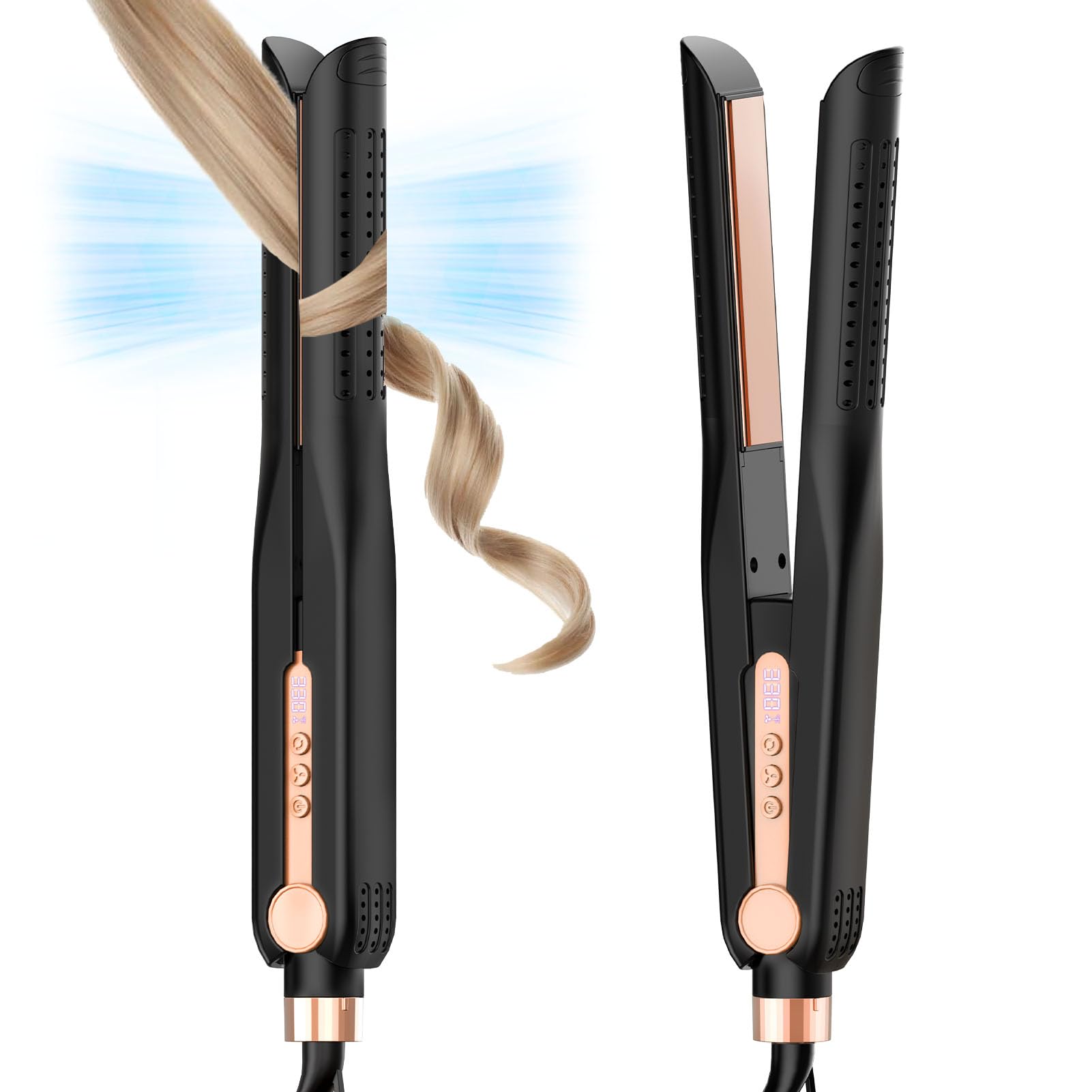 SKIMI Airflow Styler, Titanium Flat Iron Hair Straightener, Professional Curling Iron with Cooling Air Vents to Lock in Style, 5 Temps & Dual Voltage, Auto Off(Black & Champagne).
