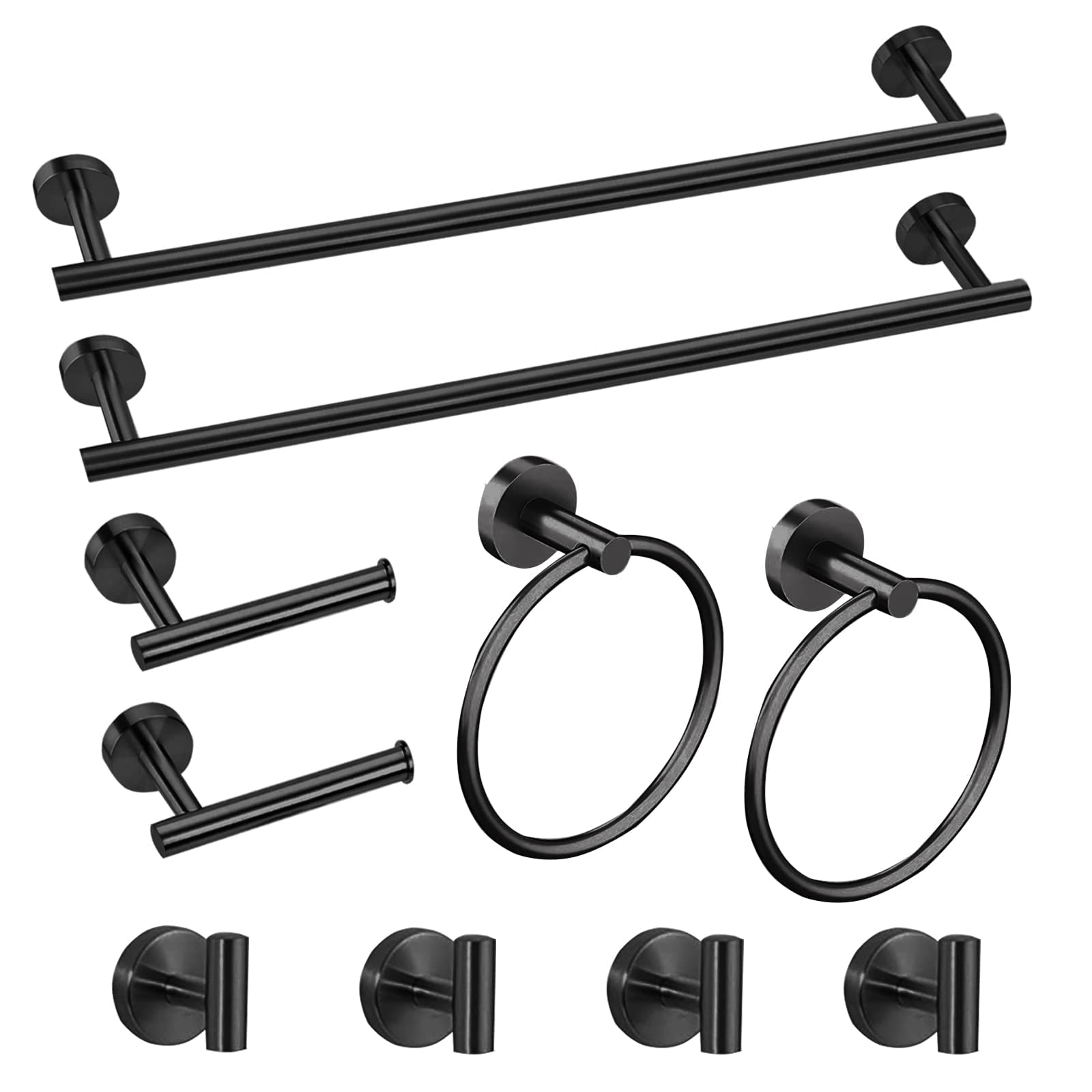 Cilee 10 Piece Matte Black Bathroom Accessories Set, 24inch Black Towel Bar Ring+Toilet Paper Holder+ Robe Towel Hook SUS304 Stainless Steel Bathroon Hardware Set