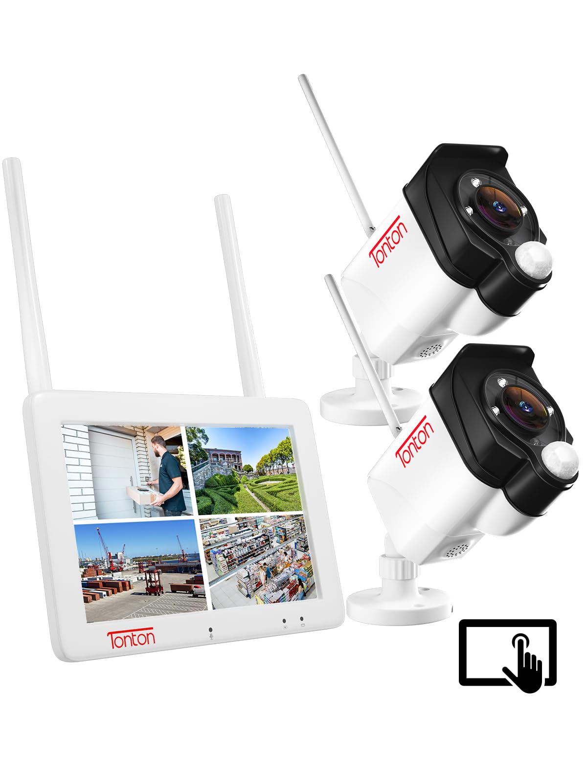 [2K&2-Way Audio&Floodlight]Tonton Portable LCD Security Camera System Wireless,4CH NVR with 7" IPS Touchscreen Monitor and 2PCS 3MP Floodlight Cameras with PIR Sensor,32GB SD Card Included(White)