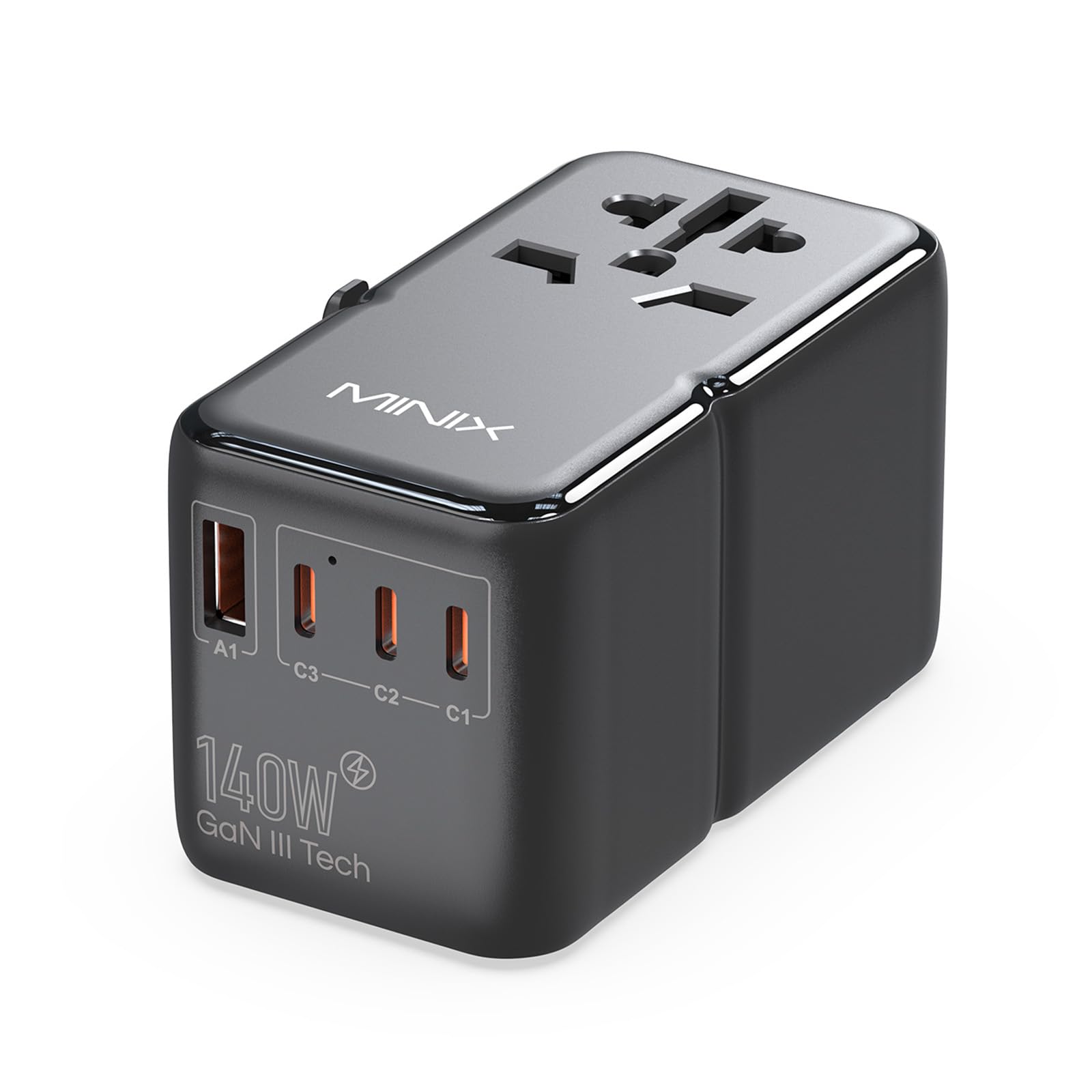 MINIX 140W Universal Travel Adapter, GaN III International Power Adapter, 3 USB-C 1 USB-A Ports, AC Outlet, Worldwide US/UK/EU/AU Travel Charger for Cameras Laptops Tablets Phones and More