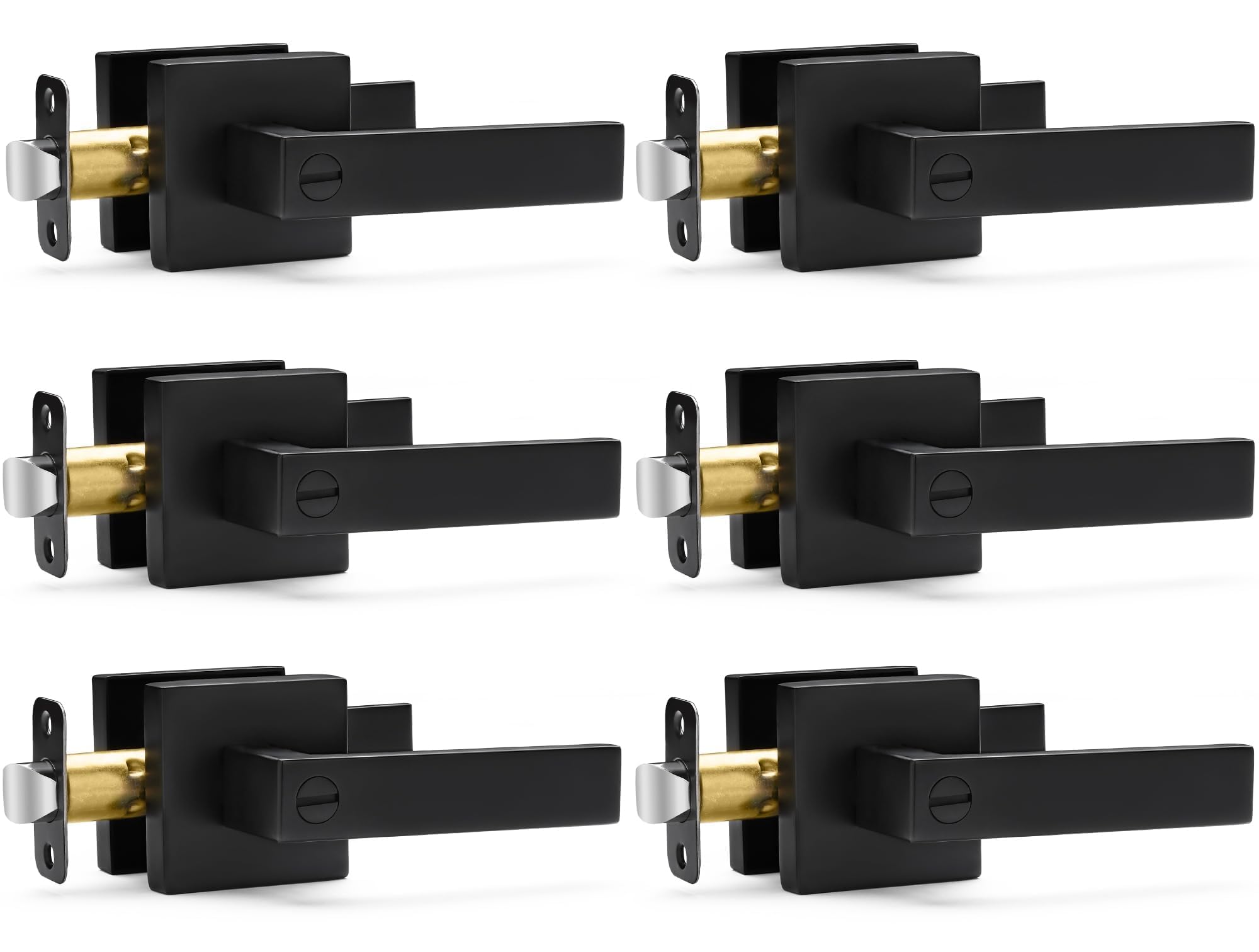 Hasmikit 6 Pack Matte Black Door Handles Privacy Door Levers, Heavy Duty Bed and Bath Door Locks Interior Door Knobs, Reversible Keyless Flat Levers with Square Rosette