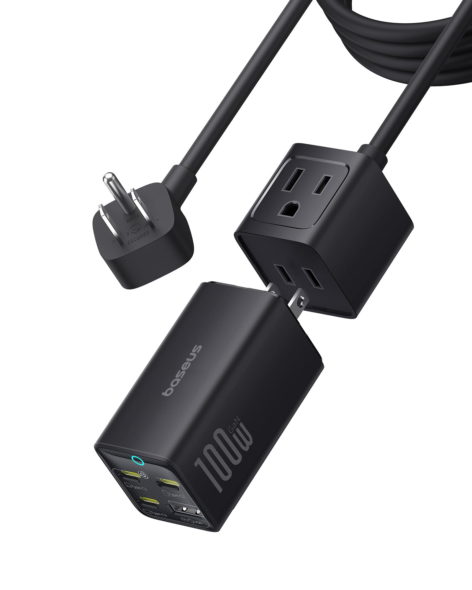 Baseus Charging Station 100W, 5 in 1 Travel Power Strip USB C Charger, with 5ft Detachable Extension Cord, Flat Plug, 2 Outlets AC Power for Cruise, Home, Dorm and Office - PowerCombo Mini
