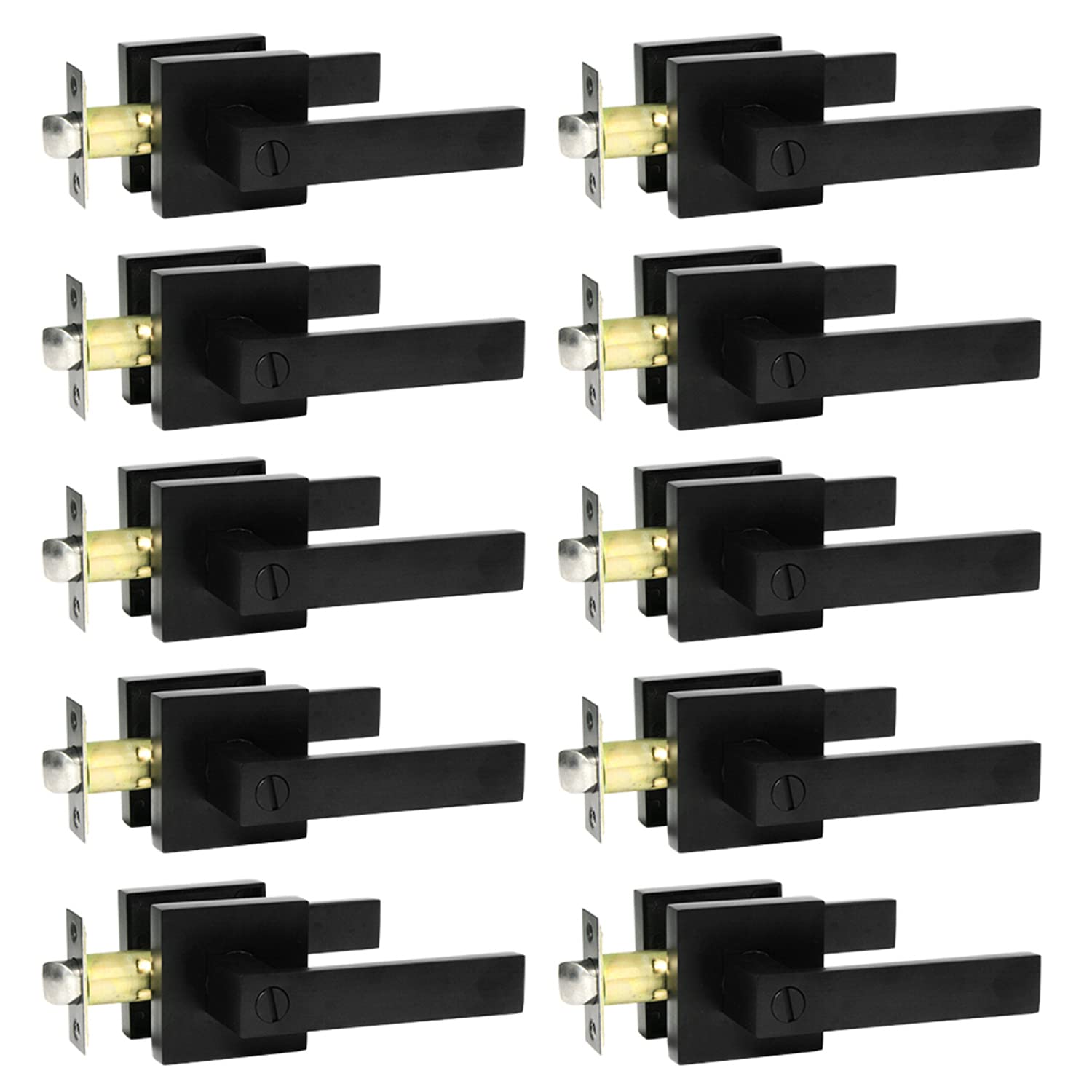 Bedroom/Bathroom Door Handles Levers Square Plate Interior Privacy Door Locksets,Matte Black (10 Pack)
