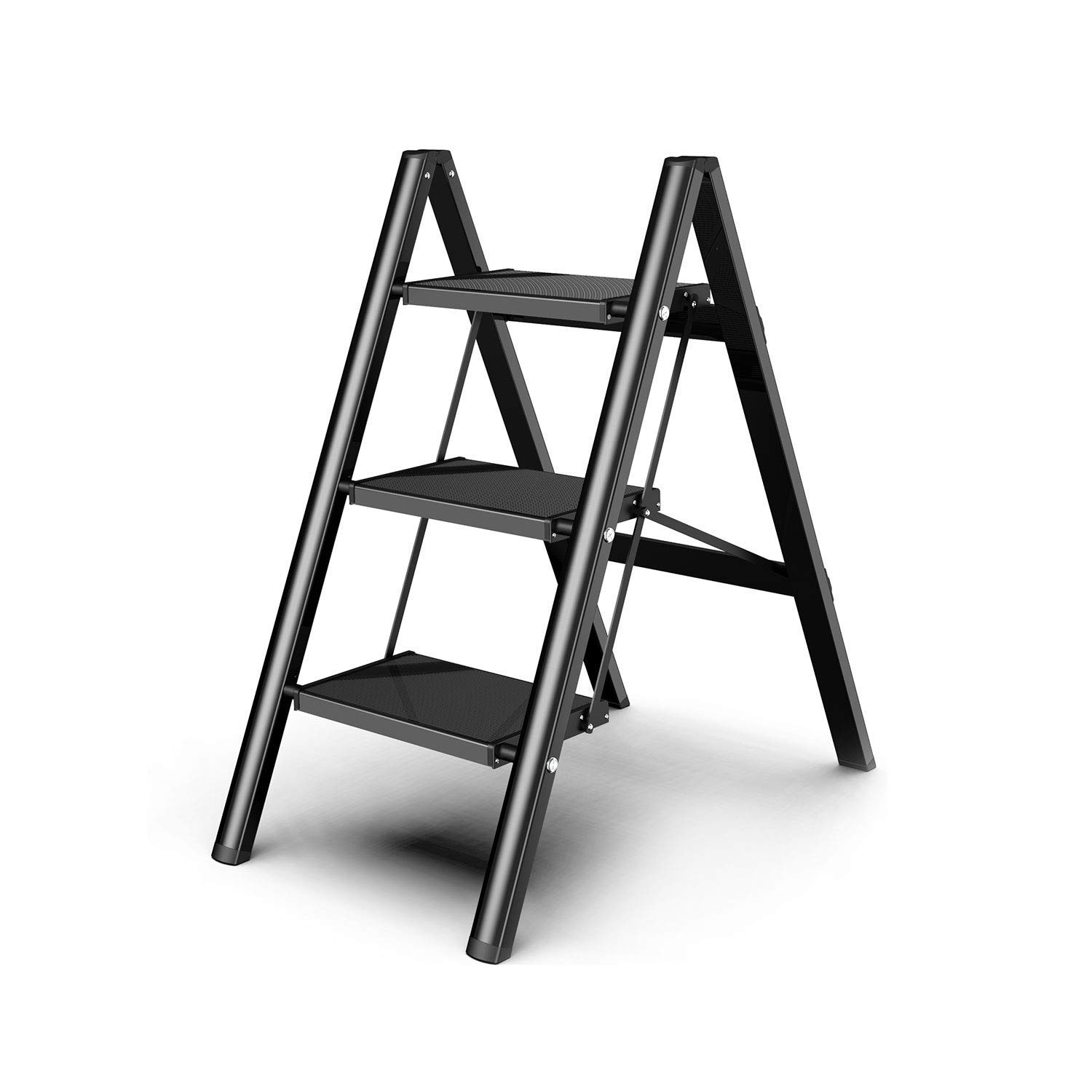 SOLADDER Step Ladder 3 Step Folding, Small Step Stool for Adults, Portable Anti-Slip Iron Stepladder with Wide Pedals for Home and Kitchen Use, Space Saving - Black (300 lbs)