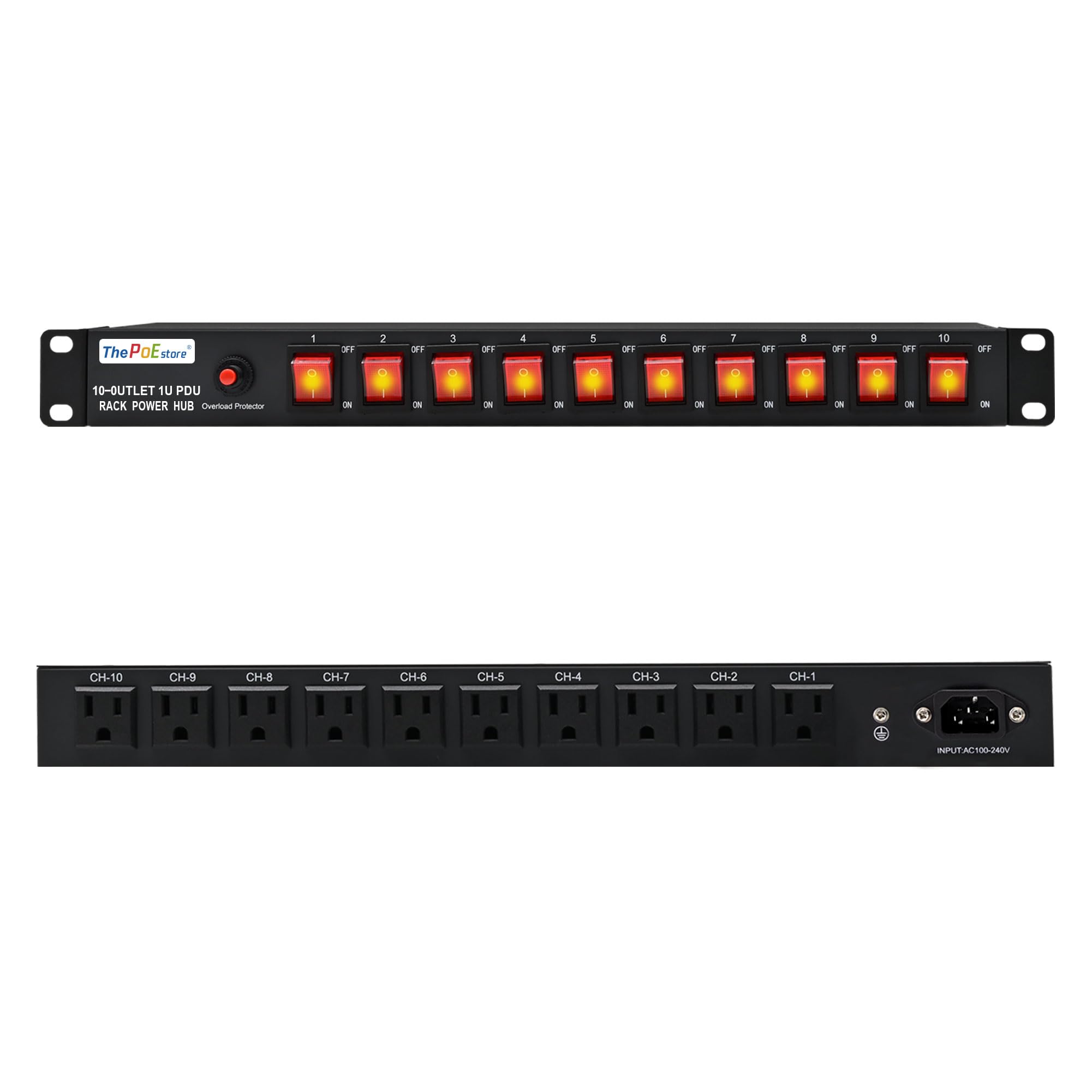 10 Outlet Horizontal 1U PDU Rack Mount Power Strip - Surge Protection,10 Individual Led Switches，AC 100V-240V-15A.for Network Server Racks, 6 ft Heavy Power Cord, by ThePoEstore