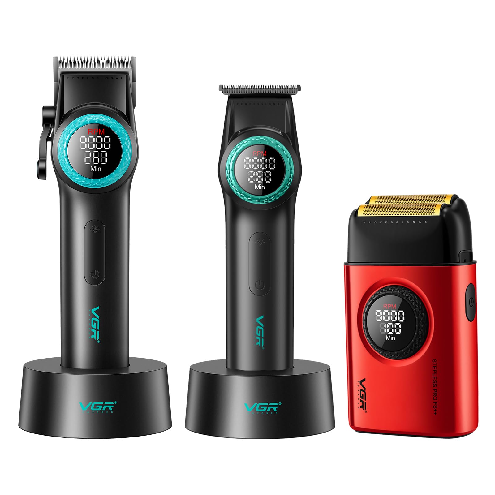 VGR Hair Clippers for Men Professional, T-Blade Trimmer Cordless Clippers and Trimmers Set, Electric Foil Shaver for Men with Double Foil, Rechargeable 3 Piece Men's Hair Cutting Kit, LED Display