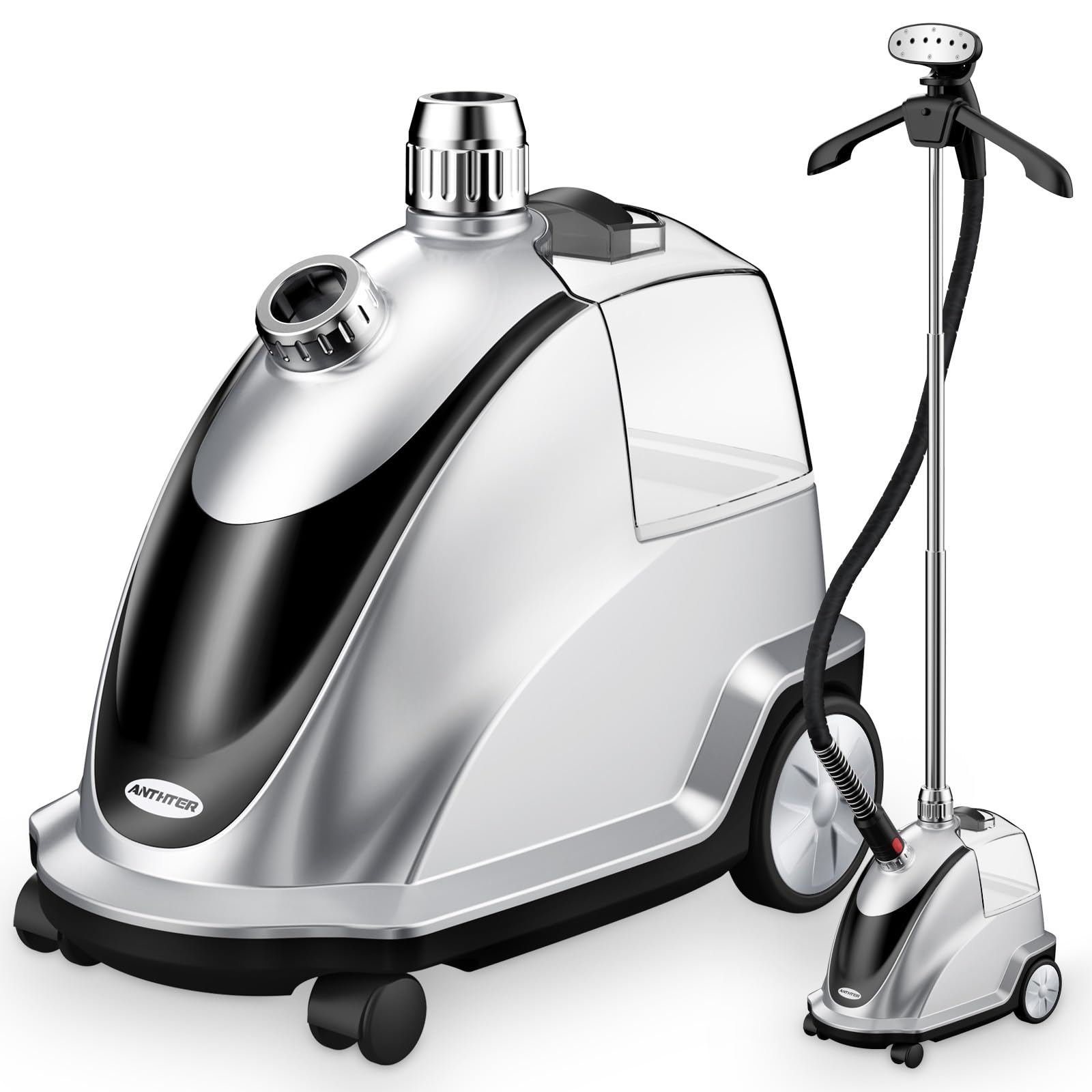 Anthter Steamer for Clothes, 1500W Powerful Standing Garment Steamer with Roll Wheels, 2.4L Water Tank for 90 Mins Continuous Steaming, 35s Fast Heat-up (Silver)