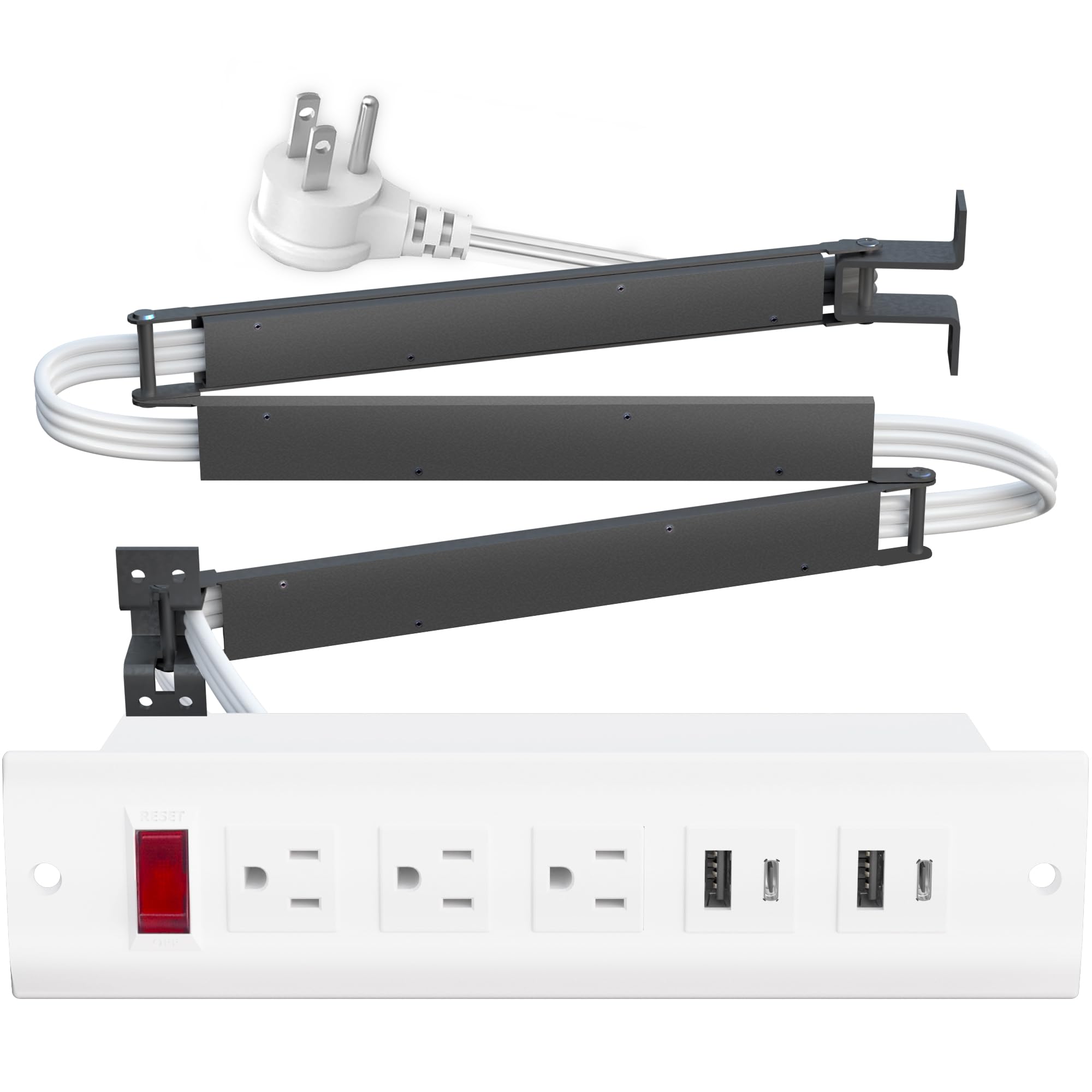 JACEPFY Drawer Outlet with USB C PD20W Fast Charger Station, Recessed Outlet, 14AWG Power Cable and Cord Management Arm for Cabinets (White)