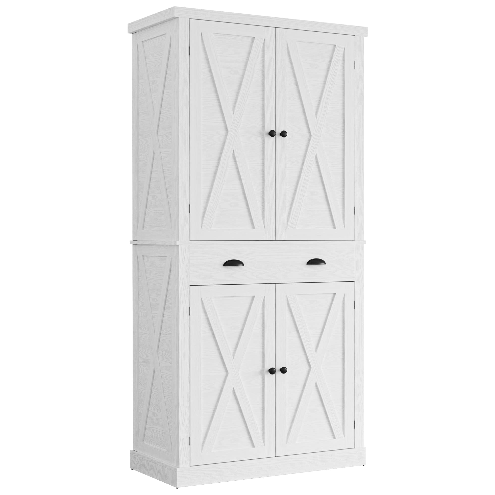 IRONCK Kitchen Pantry Storage Cabinet 72.6" H, with Barn Doors, Drawer, 4 Adjustable Shelves, Freestanding Cupboard for Dining Room Living Room, Laundry, White