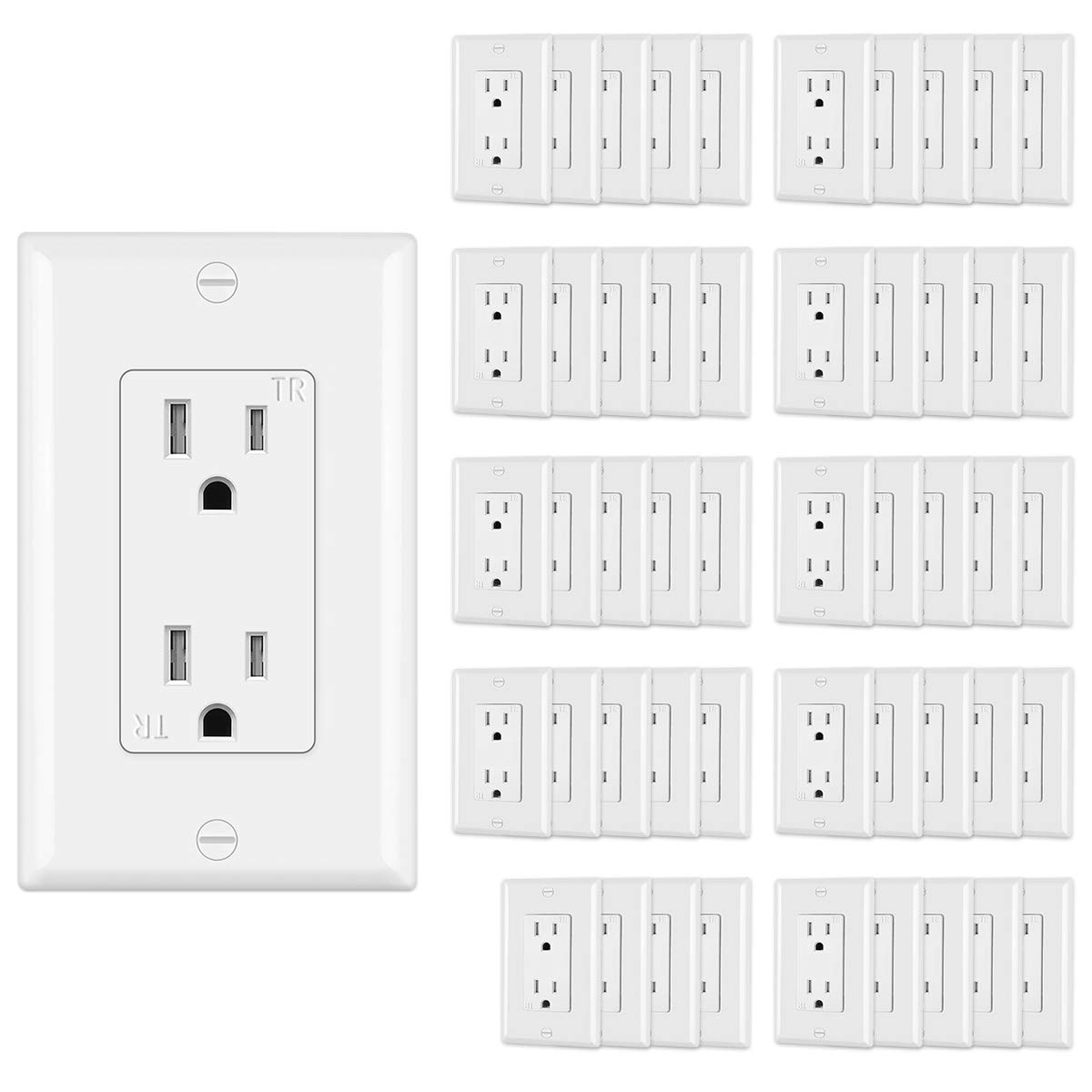 CML Decorator Wall Recetpacle Outlet, 50 Pack Tamper Resistant 15 Amp Standard Electrical Outlets, 15A/125V, 2 Pole 3 Wire, Wallplate Included, UL Listed, White