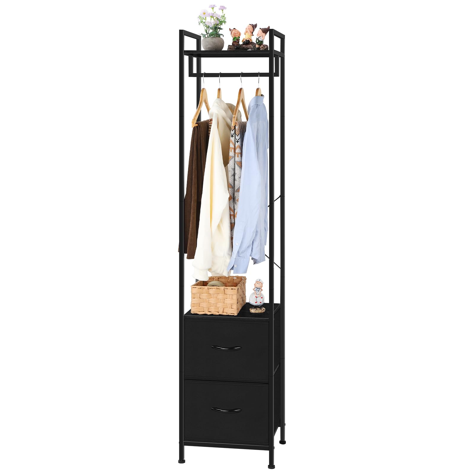 smusei Clothes Rack 3 Tiers Heavy Duty Coat Rack with 2 Fabric Drawers and Storage Shelves Freestanding Cloth Hanger Garment Rack for Bedroom Entryway Living room Black