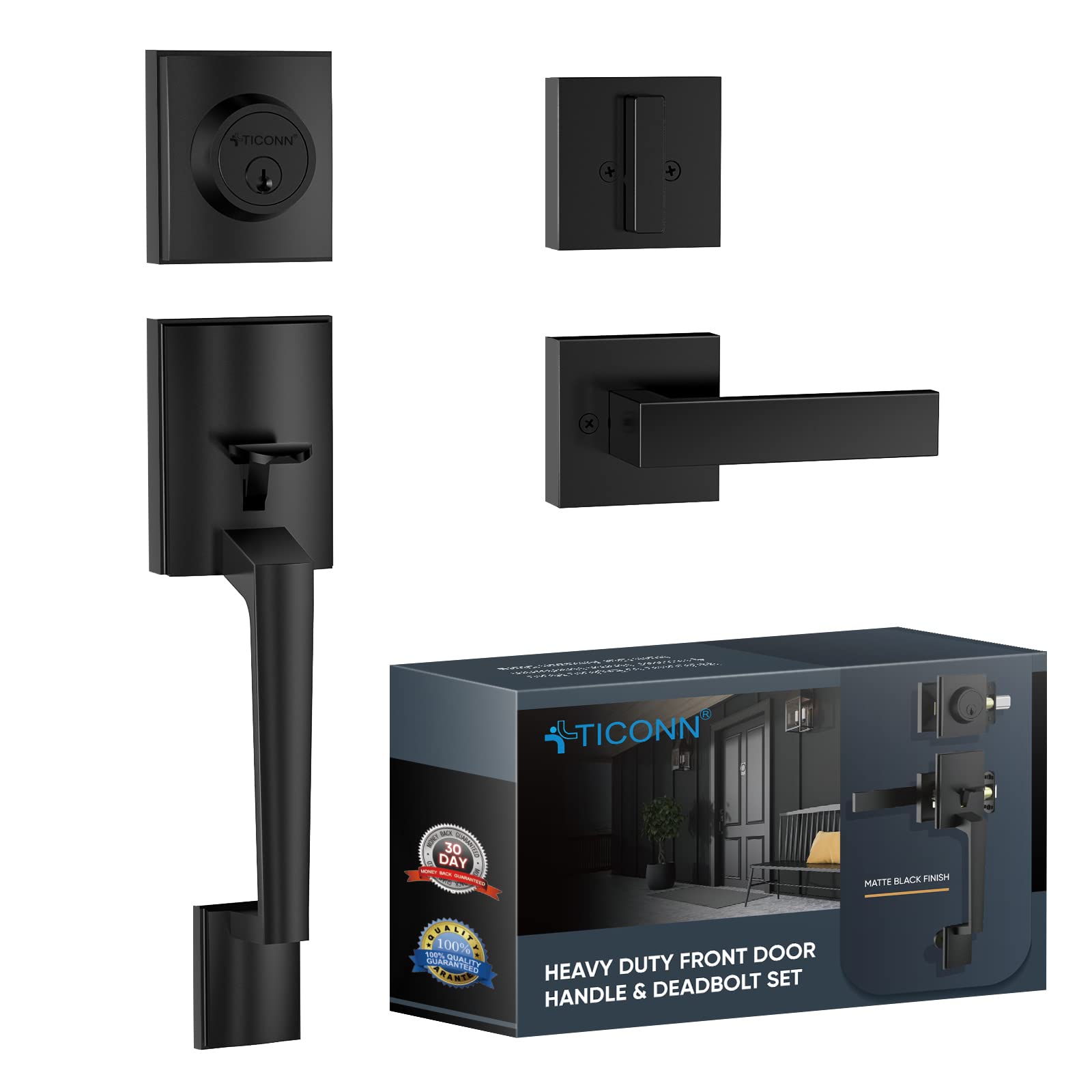 TICONN Front Door Handle Set, Heavy Duty Square Door Lever & Single Cylinder Deadbolt Combo Reversible for Entrance Exterior Doors (Matte Black)