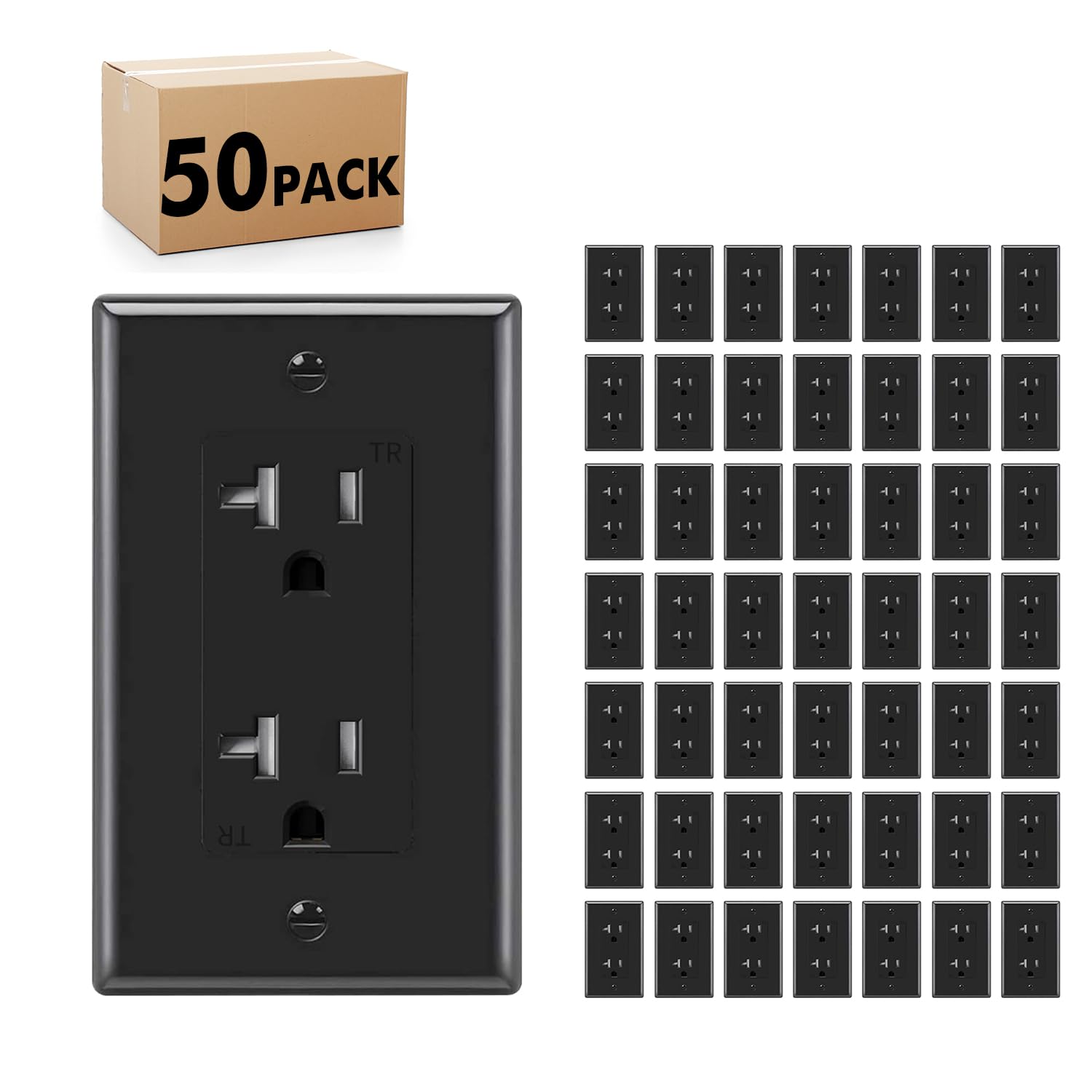 Micmi Decorator Receptacle Outlet, Tamper Resistant, Decorative Receptacle Outlet, 20Amp 125Volt, Grounding with Wall Plate UL Listed (50 Pack, Black, 20Amp Outlet)
