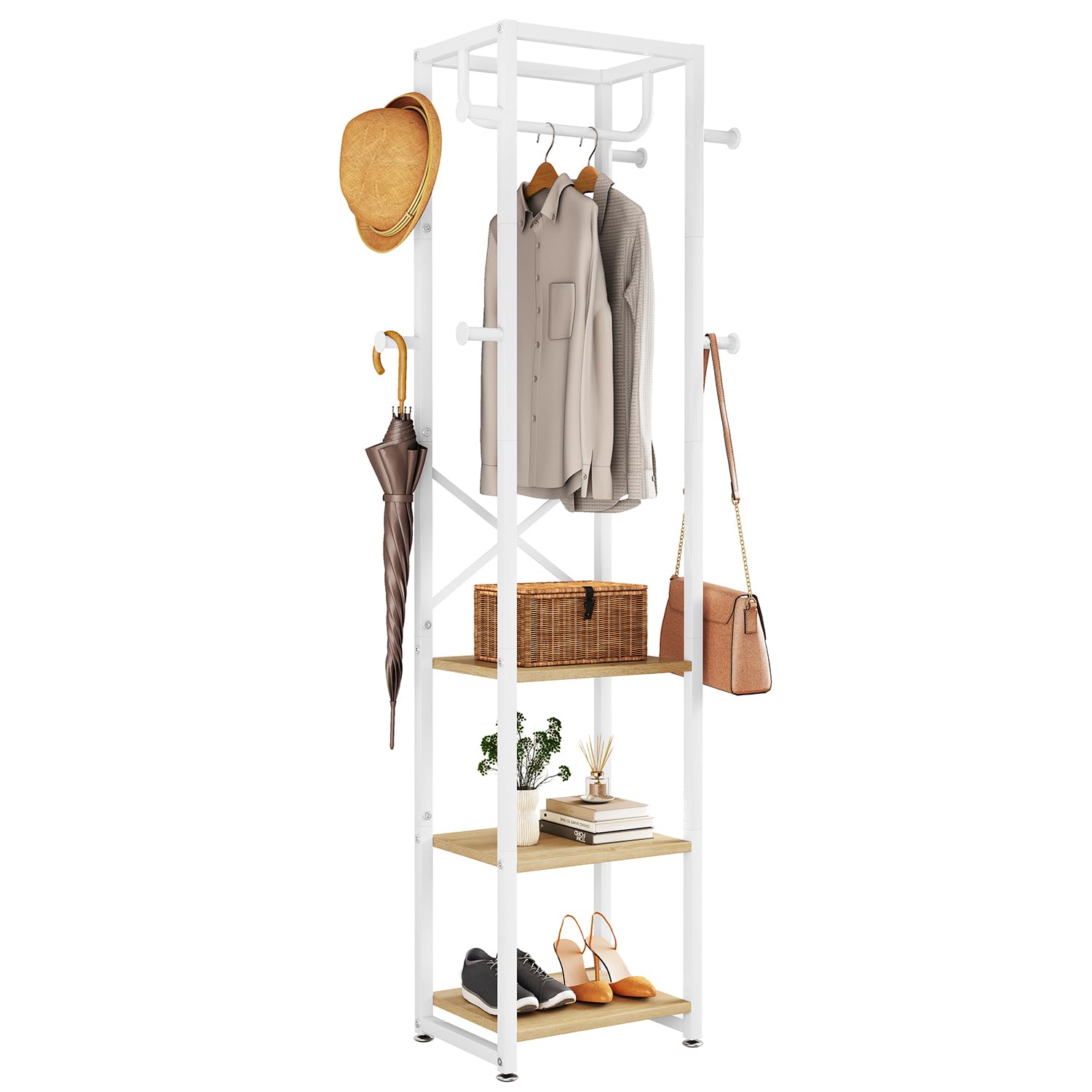 IBUYKE Coat Rack with Shelves, Freestanding Hall Tree with 3 Shelves and 8 Hooks, Industrial Clothes Stand for Entryway, Hallway, Bedroom, Natural UTMJ088R