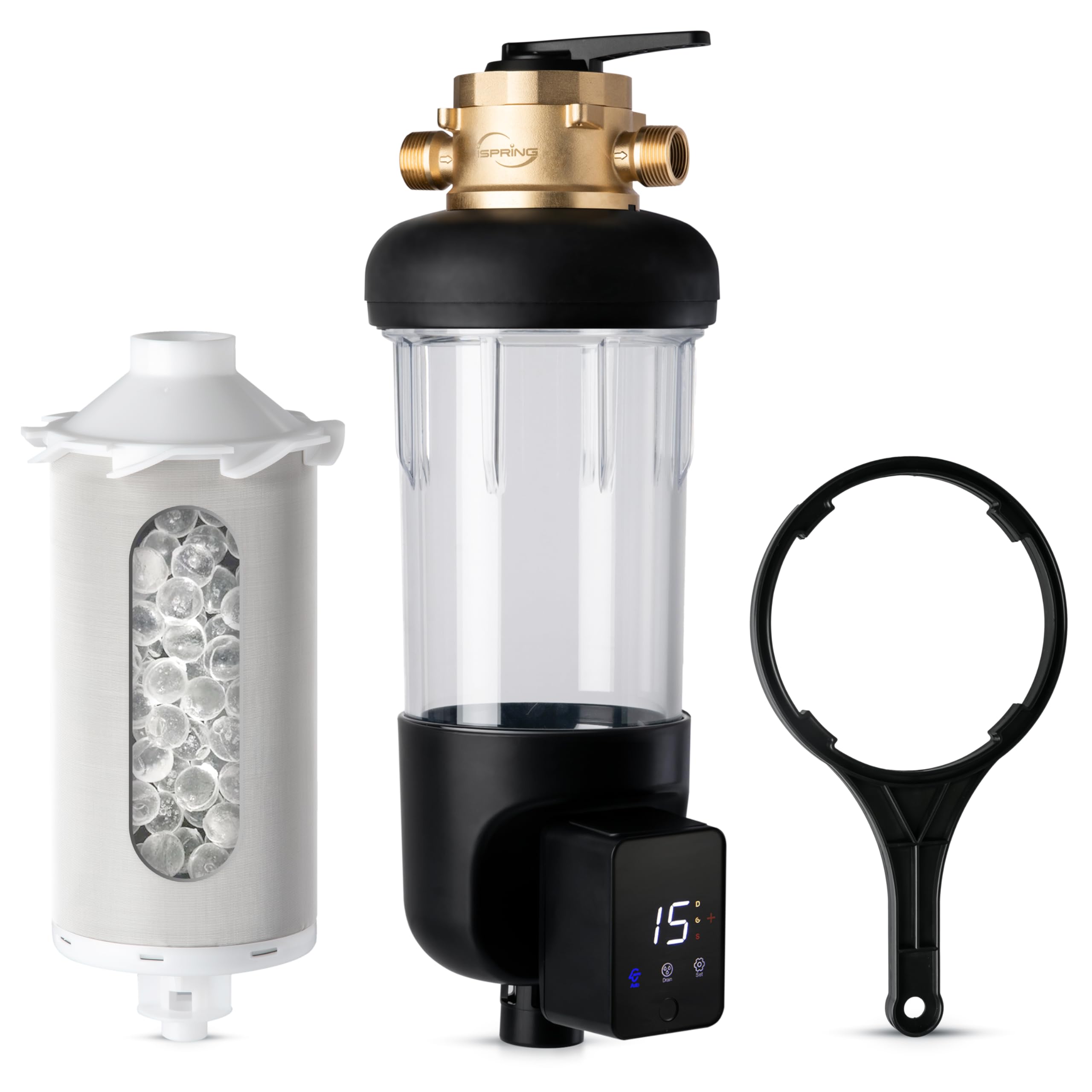 iSpring WSP50SL-ARJ-BP, NSF Certified, Whole House Spin Down Sediment Water Filter, 4 Modes Bypass, Includes Siliphos Helps Prevent Scale, Clear Housing, Jumbo Size, Touch-Screen Auto Flushing