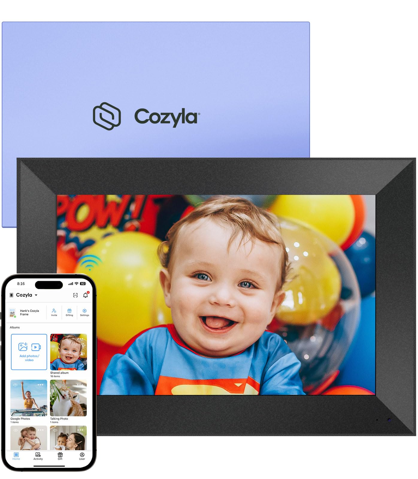 Cozyla 10.1'' WiFi Digital Picture Frame AI-Enhanced Free Unlimited Storage Auto-Rotate Share Photo＆Video via Apps from Phone Smart Digital Photo Frame Electric Picture Frame Slideshow Display Black