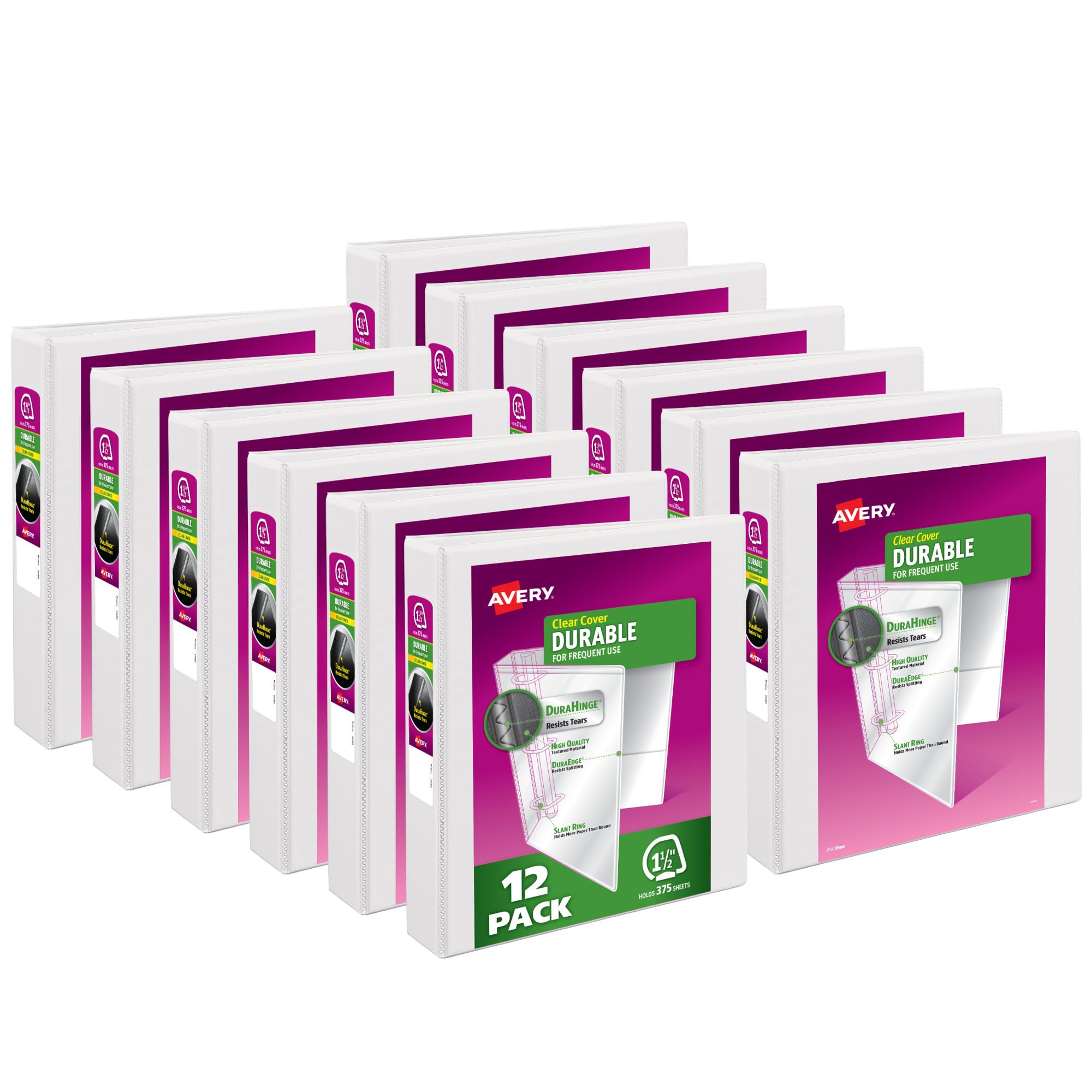 Avery Durable View 3 Ring Binders for Home, School Supplies, Office, or Organization Needs, 1.5" Slant Ring, 12 Pack White Binders (17022)