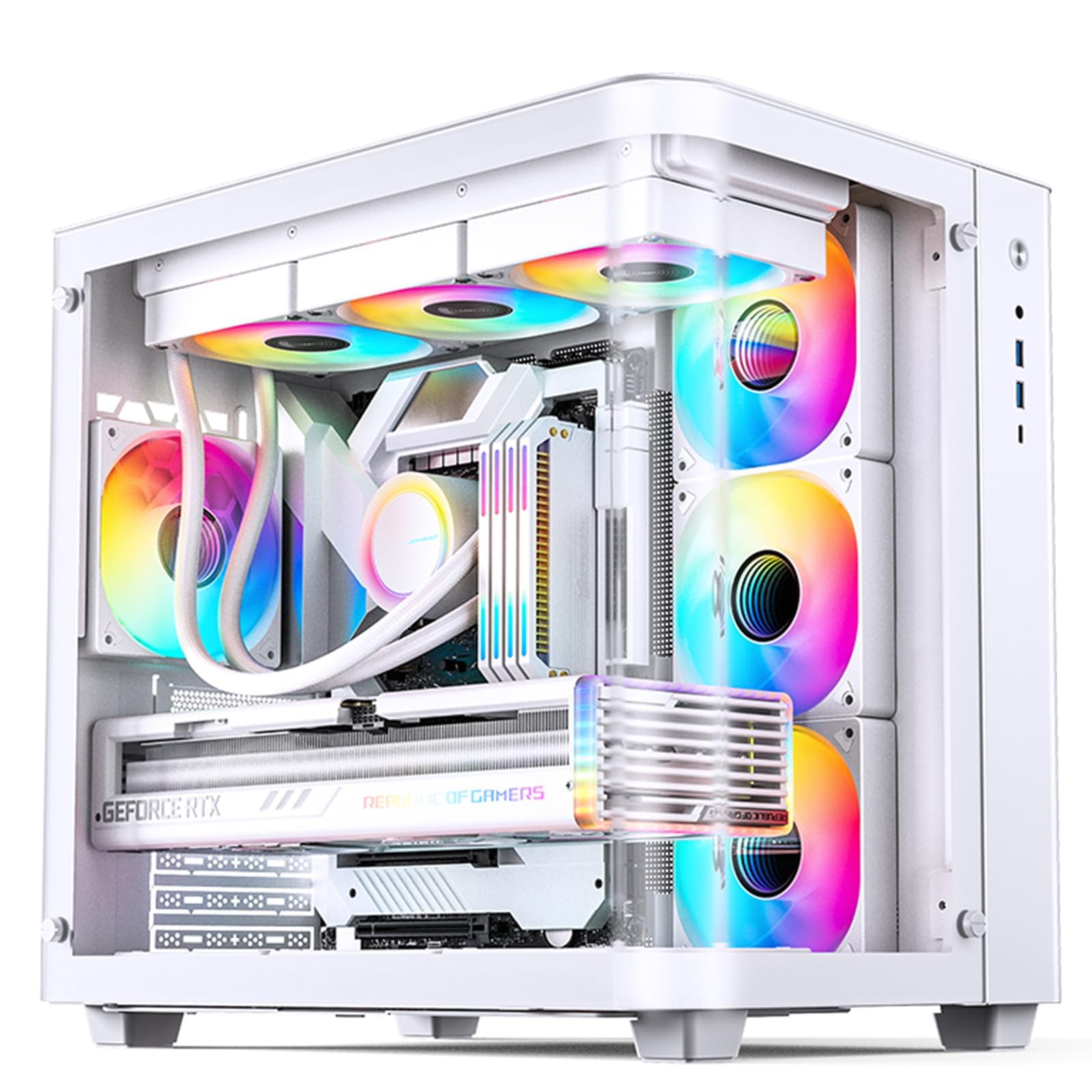 JONSBO TK-3 White One-Piece Curved Glass ATX Mid Tower Pc Case, One-Piece Curved Glass, Support BTF MB/Dual 360 AIO/ATX PSU/40Series GPU, with 10 Fan Positions, 270 Degree Side View Display,White