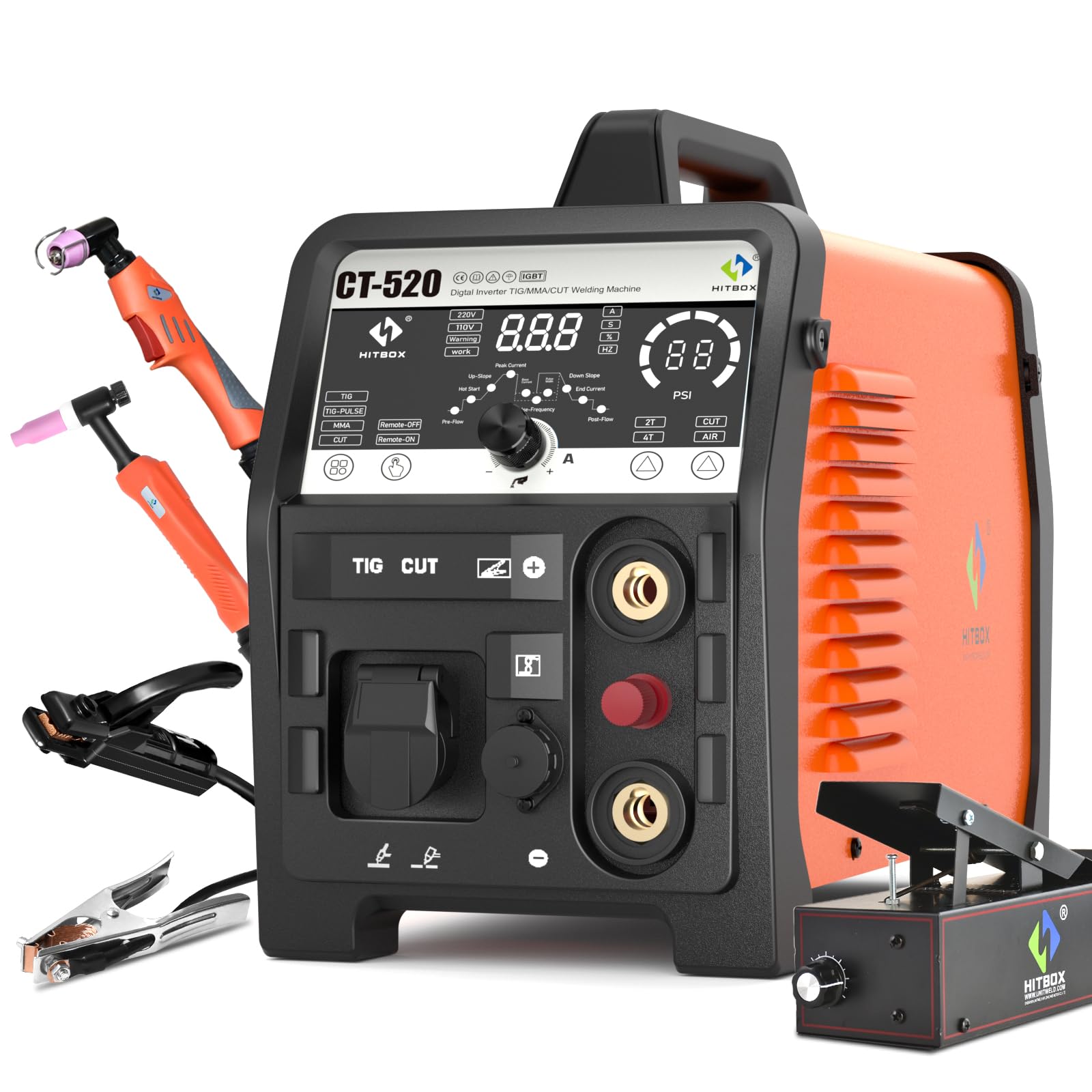 HITBOX Plasma Cutter Welder Combo, 4 IN 1 [Air Sensor Technology] 50Amp HF Non-Touch Pilot Arc TIG Welding with Foot Pedal, 110V/220V 2T/4T Stick/MMA/Pulse TIG, Whole LED Display Screen (CT-520)