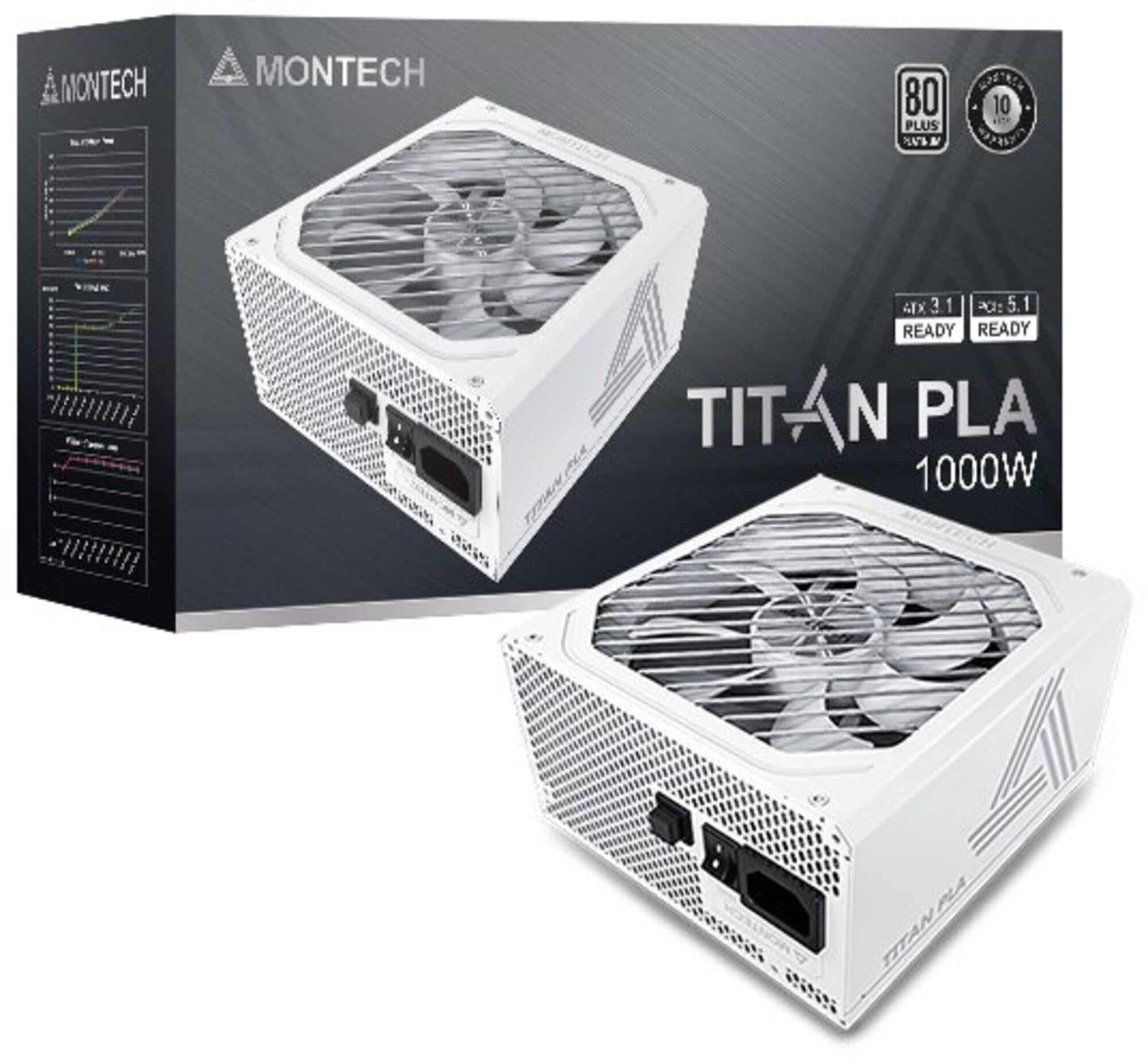 Montech Titan PLA 1000W High-End ATX Gaming Power Supply - 80 Plus Platinum & Cybenetics Platinum - Fully Modular - ATX 3.1 & PCIe 5.1 Ready -10 Years Coverage - White