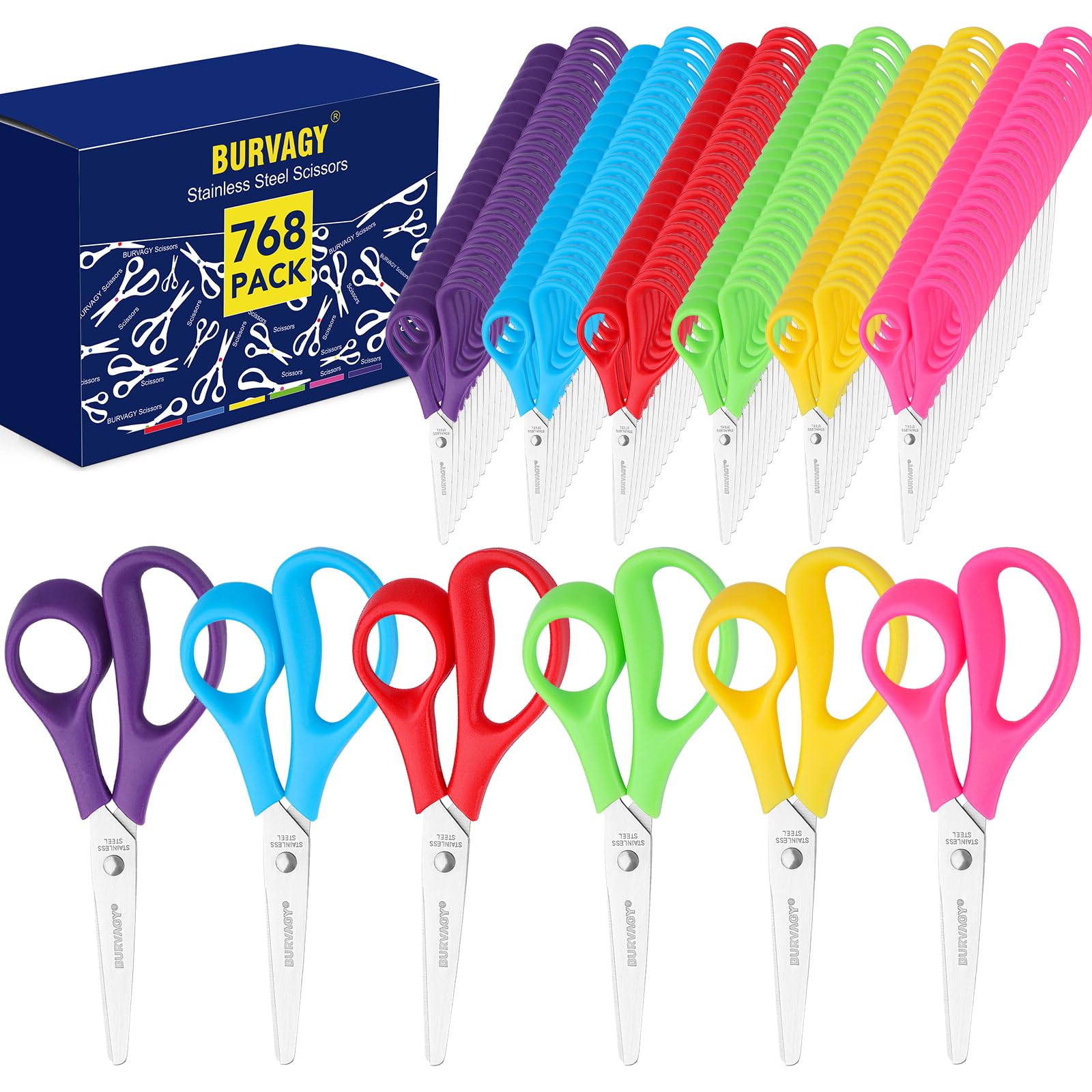 Scissors, BURVAGY 5.5" Multipurpose Scissors Bulk 768-Pack, Right/Left Handed Comfort-Grip Handles Ultra Sharp Blade Shears Sturdy Sharp Scissors for Office Home School Sewing Fabric Craft Supplies