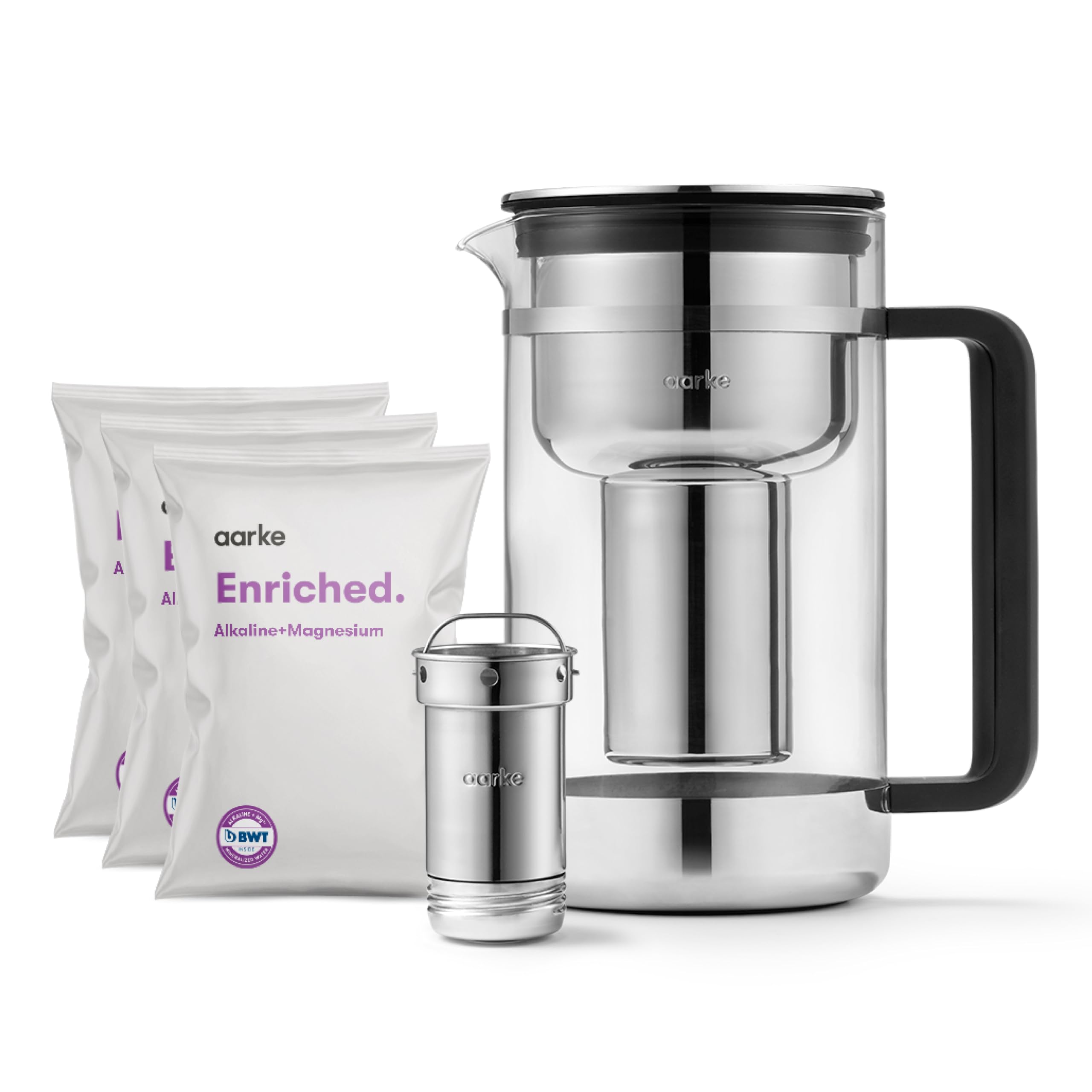 aarke Purifier Large - 1.66 L Glass Water Filter Pitcher Bundle, Refillable Stainless Steel Filter, BPA-Free, Includes (3-Pack) Refill Enriched Granules, Reduce Heavy Metals and Adds Minerals
