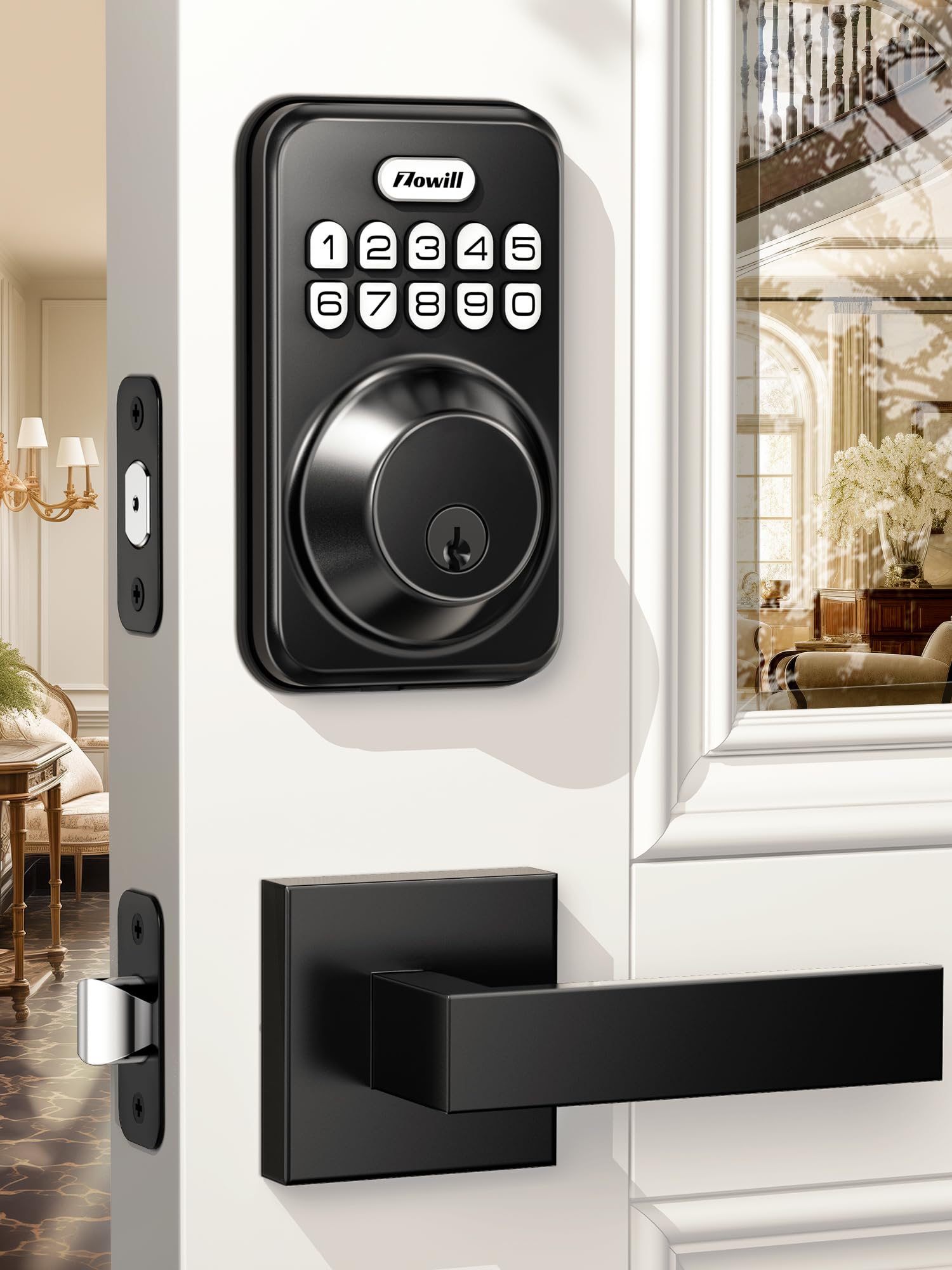Keyless Entry Door Lock with 2 Lever Handles, Zowill Electronic Keypad Deadbolt, Auto-Locking, Anti-Peeping Password, Digital Smart Code Door Lock, Front Door Handle Sets, Matte Black