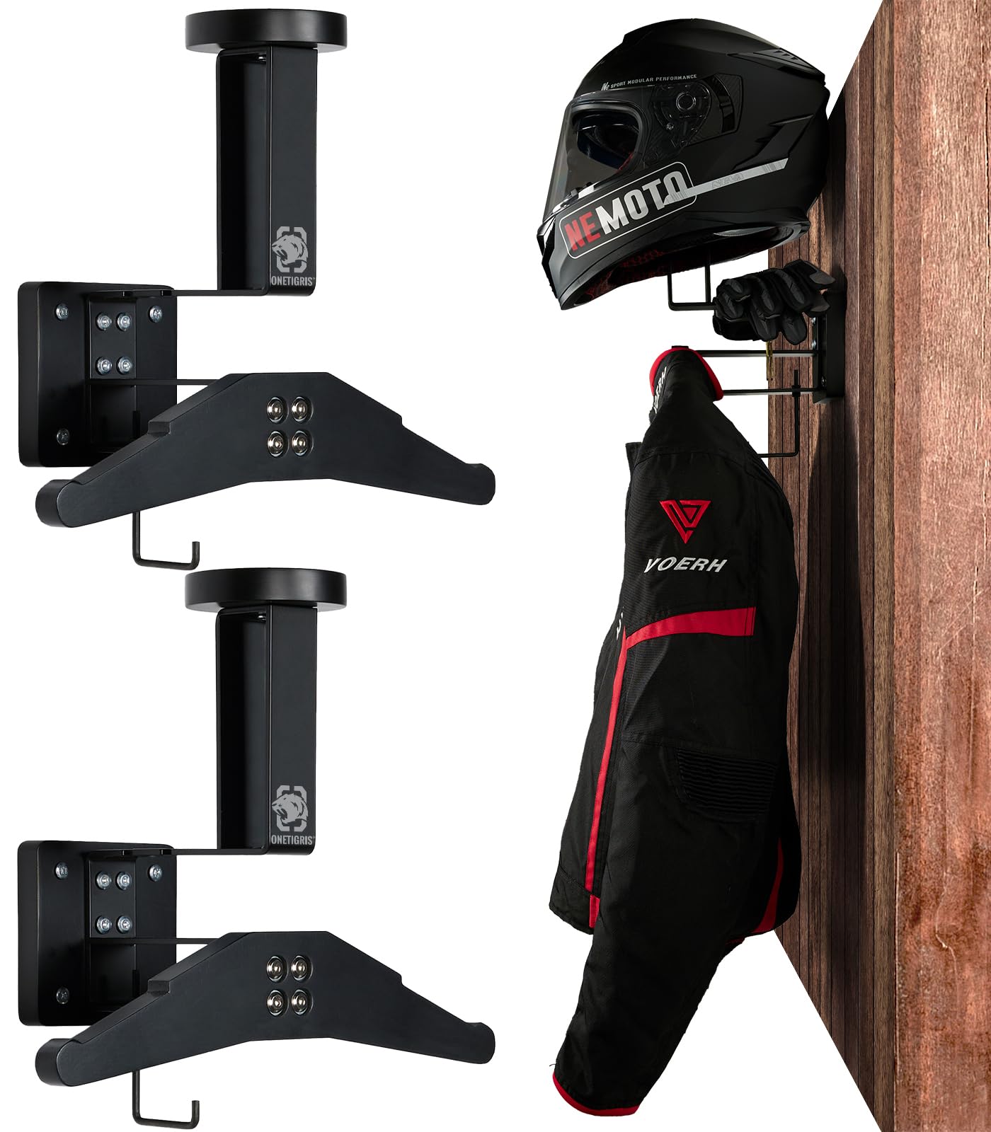 OneTigris Motorcycle Helmet Holder Wall Mount, Tactical Gear Holder with Helmet Stand and Plate Carrier Hanger, Solid Wood Wall Rack Organizer & Display for Police, Football, Cycling Gear