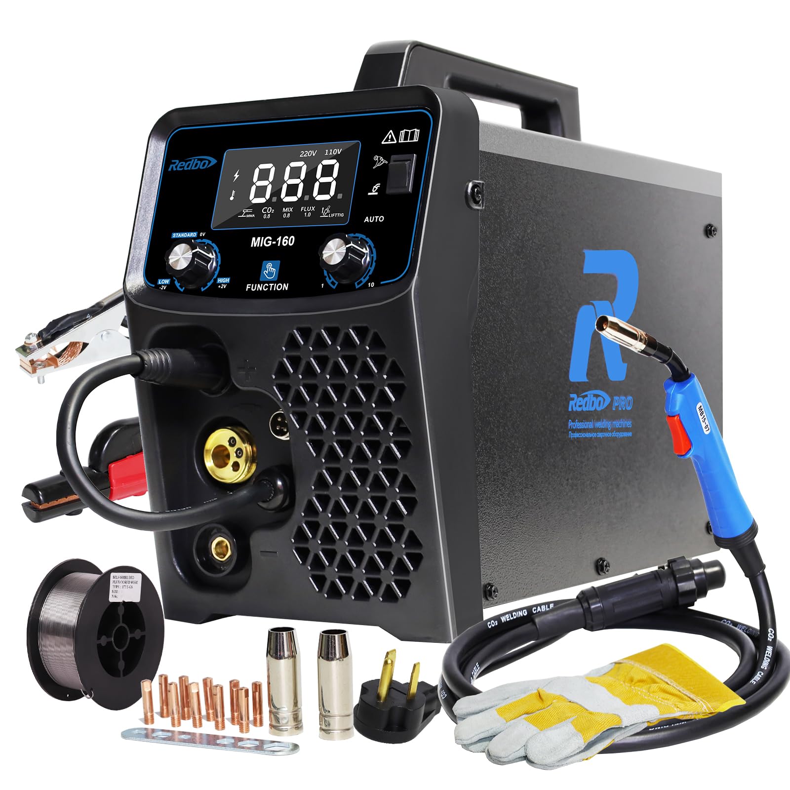 Redbo 110/220V Dual Voltage 160Amp Powerful MIG Welder,Gas MIG/Gasless Flux Core MIG/Stick/Lift TIG/Spool Gun 5 in 1 Multiprocess Welding Machine, MIG Welder with LED Digital Display Weld Aluminum