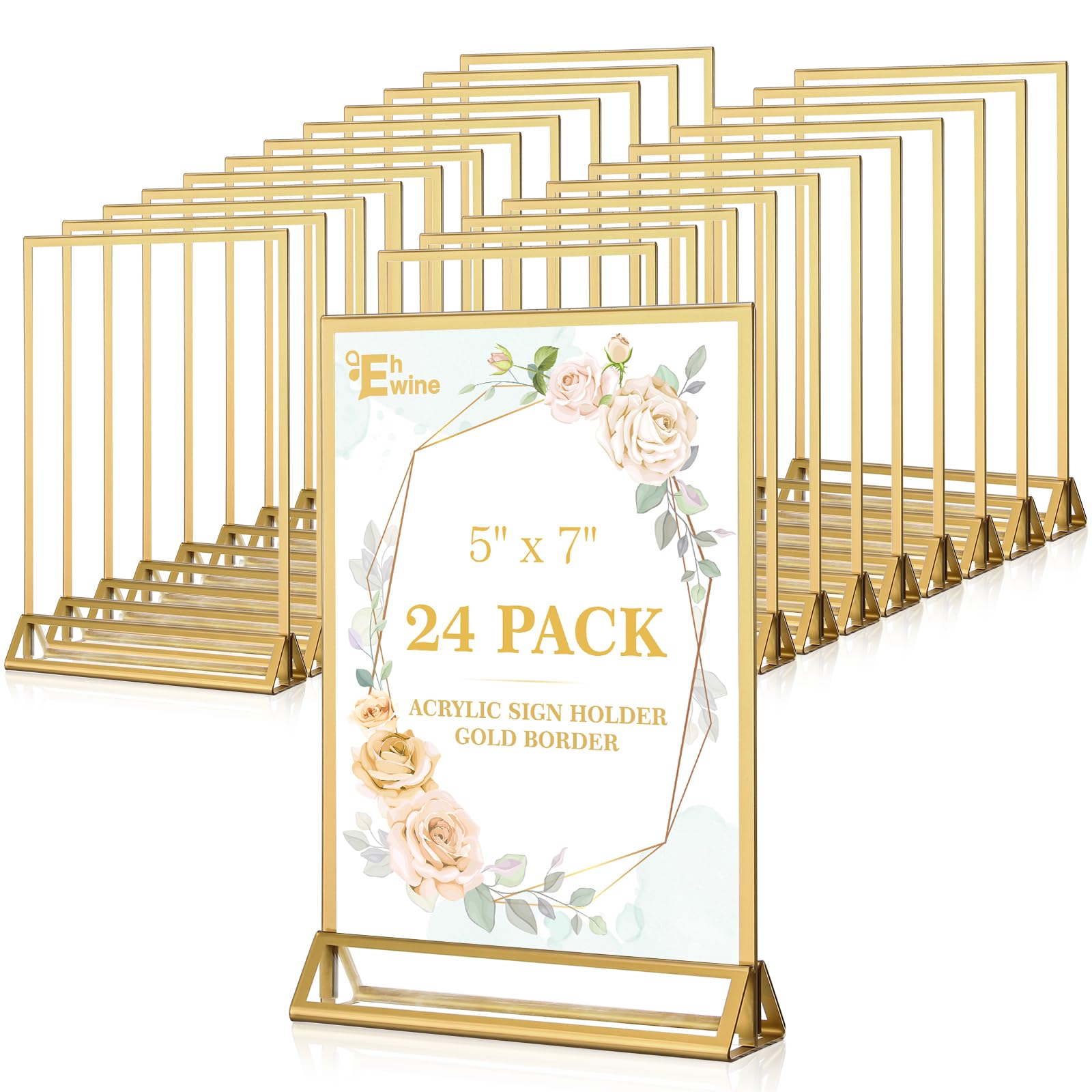 EHWINE 24 Pack Acrylic Sign Holder 5 x 7, Double Sided Gold Picture Frame Stand up Table Top Sign Holders, Clear Display Stand Menu Flyer Holder for Wedding Party