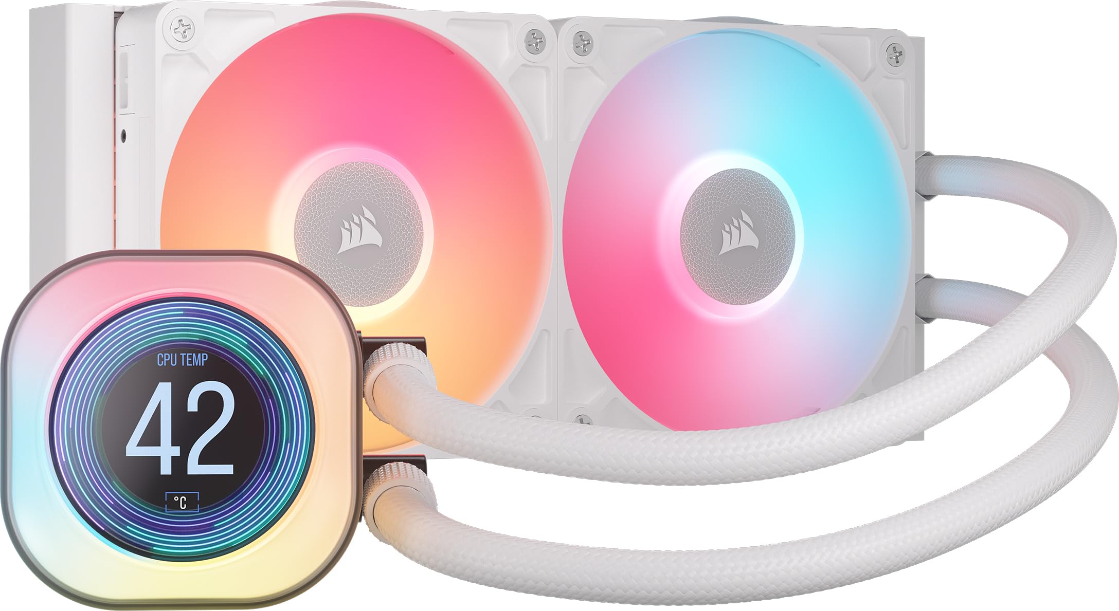 CORSAIR iCUE Link Titan 240 RX LCD Liquid CPU Cooler – 240mm AIO – Low-Noise – FlowDrive Cooling Engine – Intel LGA 1851/1700, AMD AM5/AM4 – 2X RX120 RGB Fans – iCUE Link System Hub Included – White