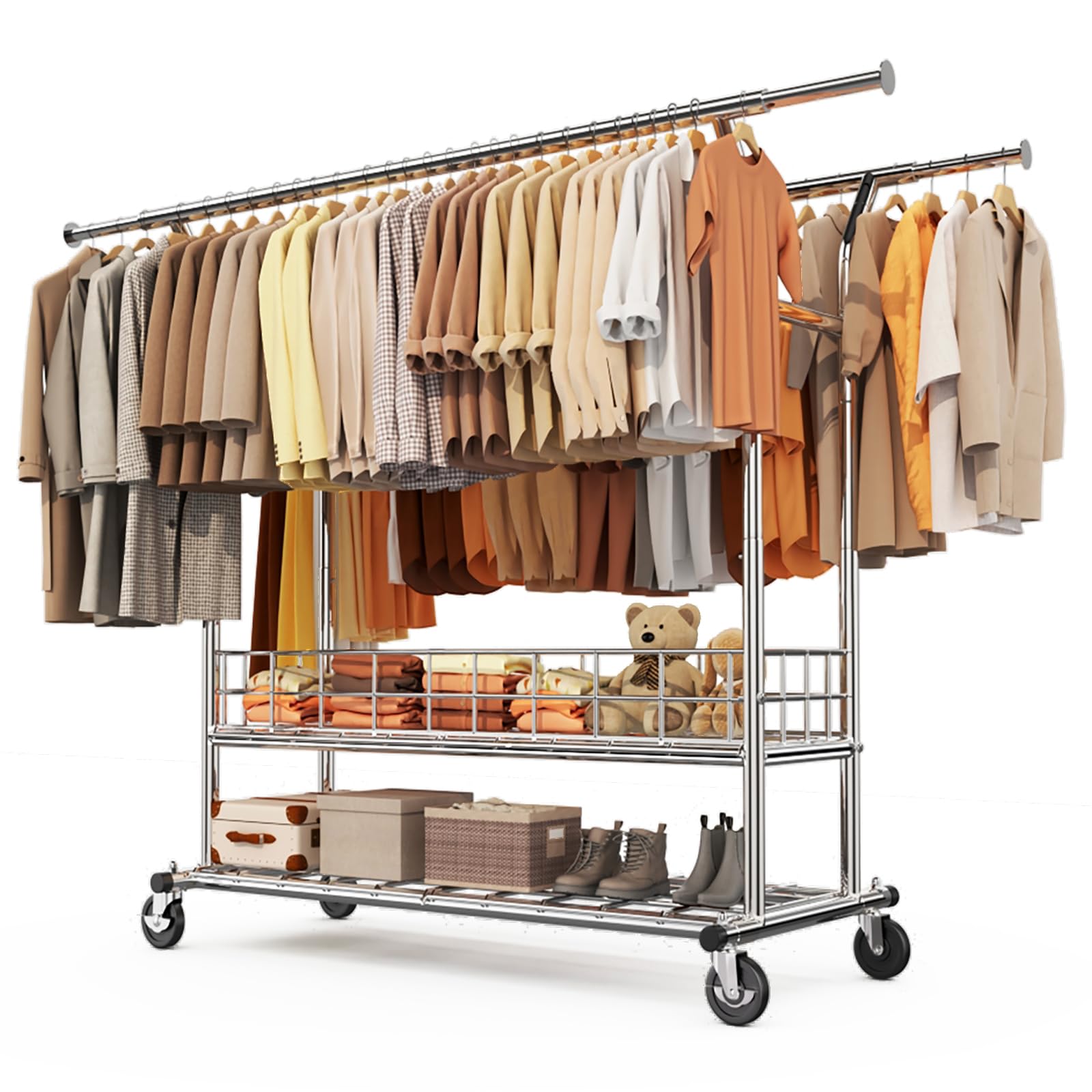 HOKEEPER Heavy Duty Clothing Clothes Rack for Hanging Clothes Adjustable Rolling Garment Rack with Wheels for Bedroom, Living Room (Double Rod with Metal Basket)