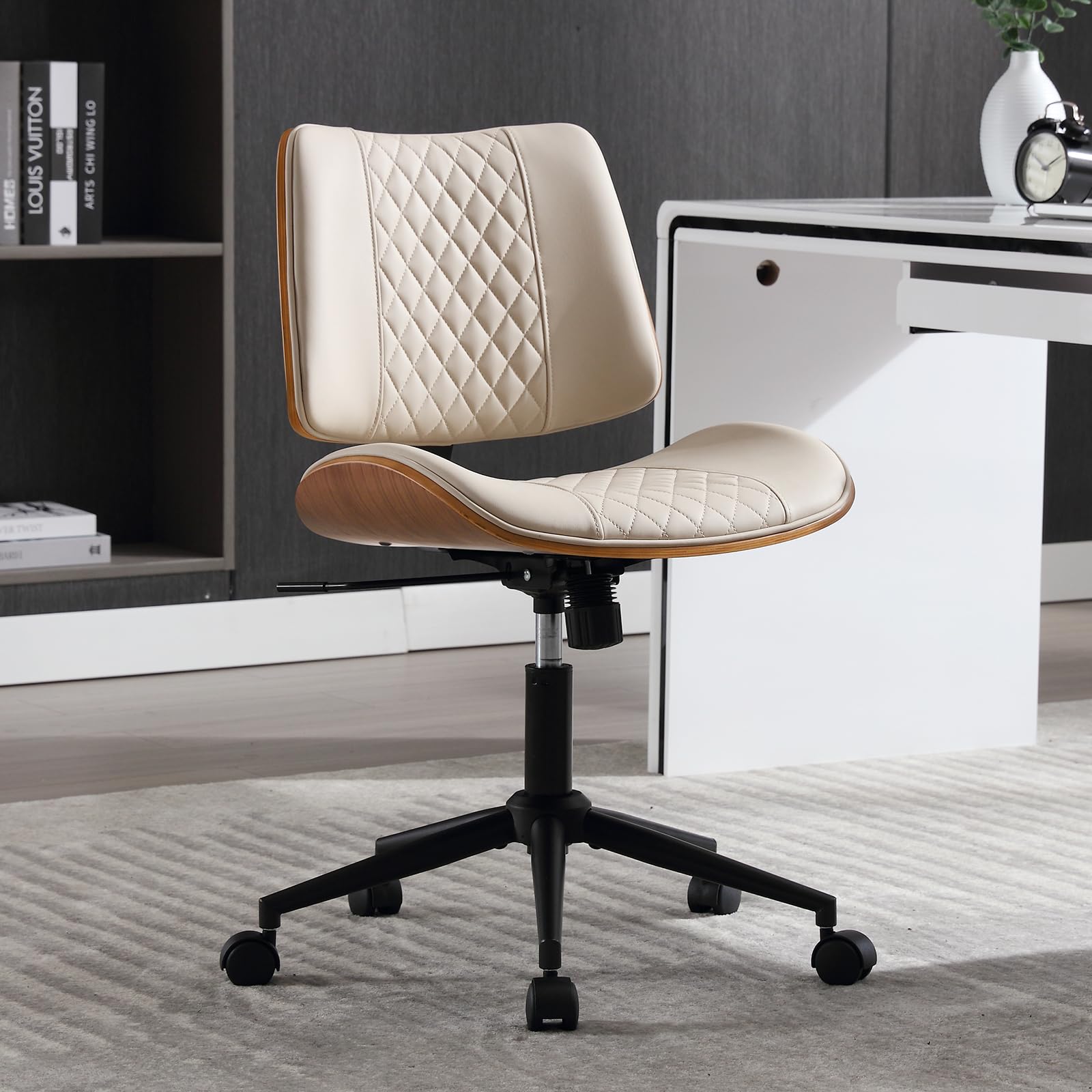 BERYTH Home Office Chair No Arms with Wheels, Adjustable Height Small Desk Chair, PU Leather Mid Back 360 Swivel Computer Chair, Armless Modern Walnut Chair for Office, Reading Meeting Room(Beige)