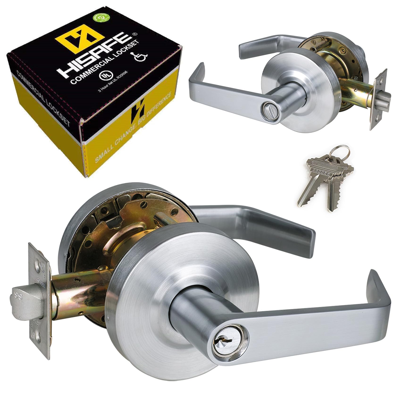 HISAFE Keyed Entry Grade 2 Commercial Door Locks Heavy Duty Office Door Lever, Non-Handed, UL 3 Hour Fire Rated, ADA Compliant, Satin Chrome Finish 26D, 2-3/4''Backset X-XG-ET-70
