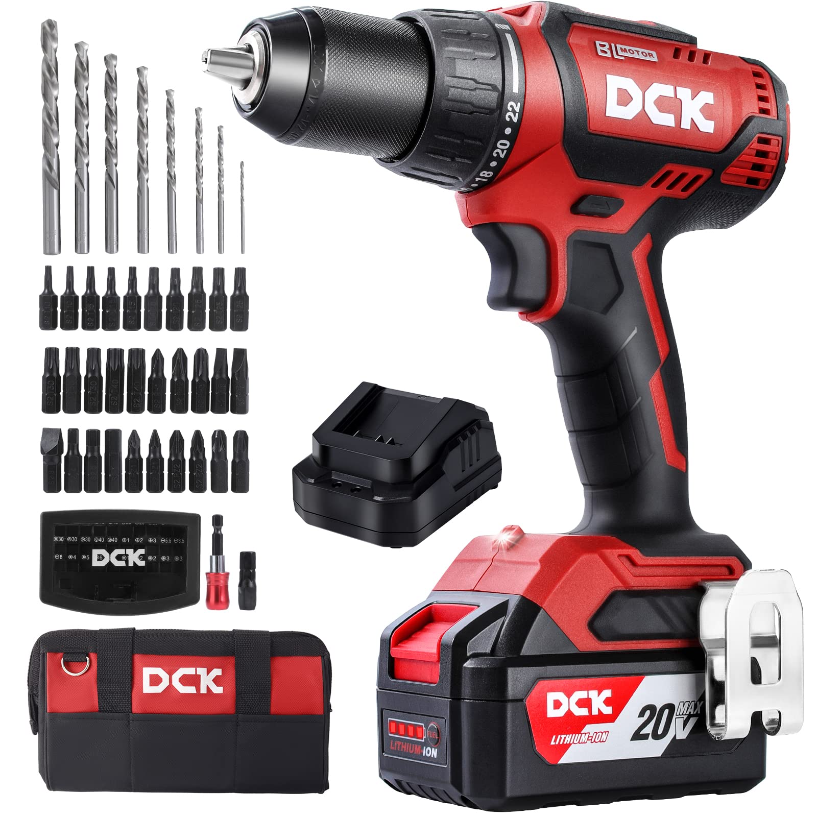 DCK Brushless Cordless Drill Set, 20V Max Electric Drill with 4.0Ah Battery 531in.lbs, 1/2Inch Keyless All-Metal Chuck, 2 Variable Speeds, Power Drill Kit for Screw Wood/Ceramic/Tile/Steel KDJZ04-13