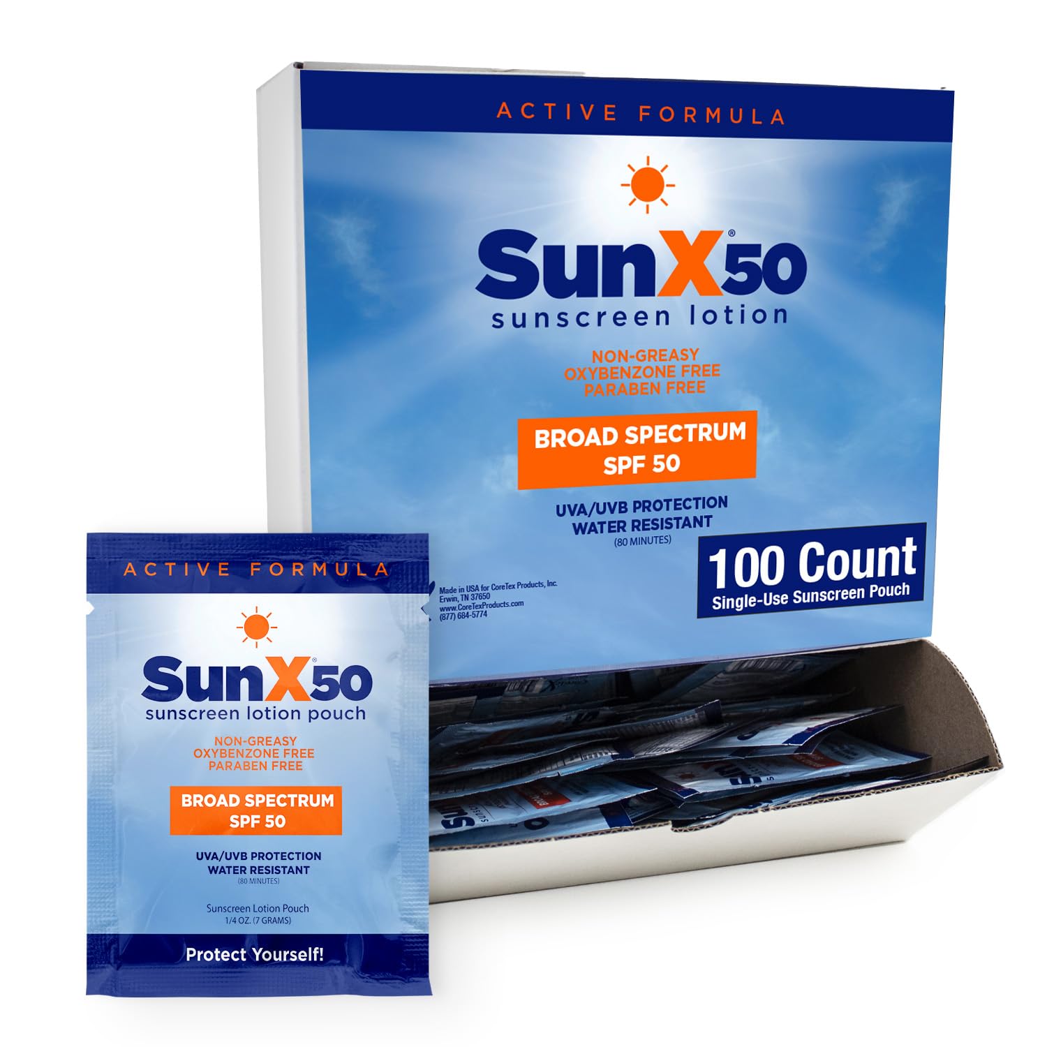 CoreTex Sun X 50 SPF Broad Spectrum Sunscreen Packets - Pack of 100 Paraben, Oxybenzone, Octinoxate, & Oil Free Sunscreen - No White Cast and Water & Sweat Resistant Up to 80 Minutes