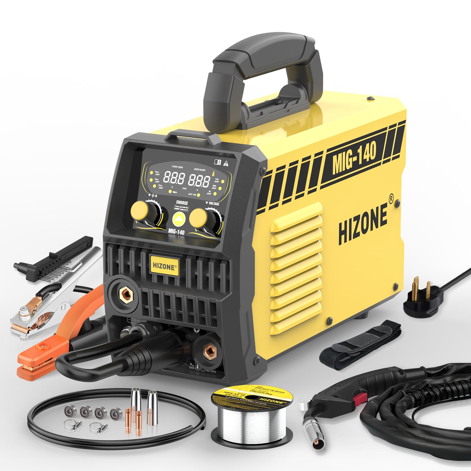HIZONE 140A MIG Welder, 6 in 1 Gas MIG/Gas MAG/Gasless Flux Core/Stick/Lift TIG/Aluminum Welding Machine Large LED Display 120V/240V Multi Process Welder