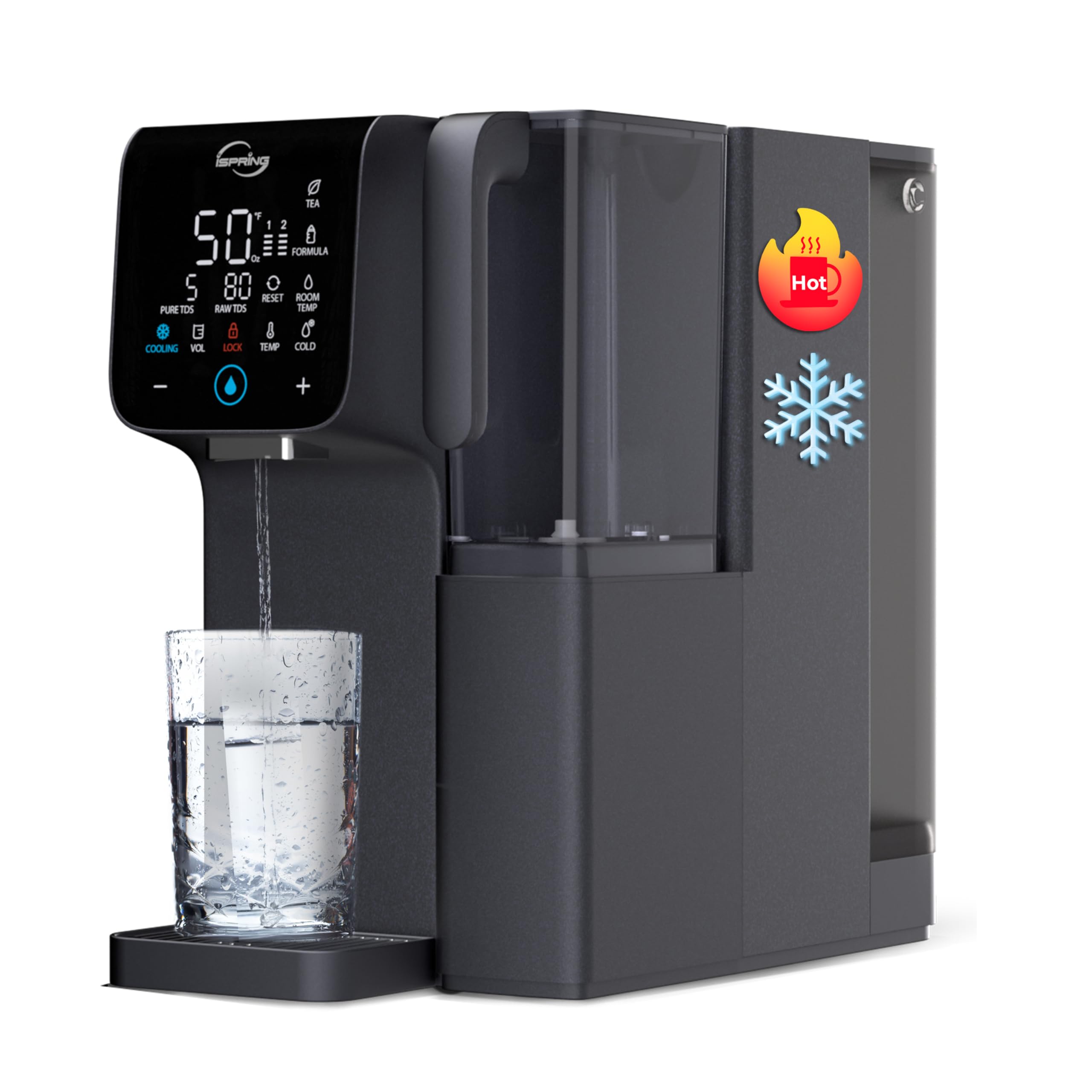 iSpring RCD100HCG Hot & Cold Reverse Osmosis System Countertop, Alkaline RO Water Filter Dispenser, 9 Temperature & 6 Dispensing Volume Options, TDS & Filter Lifespan Monitor, Plug and Play