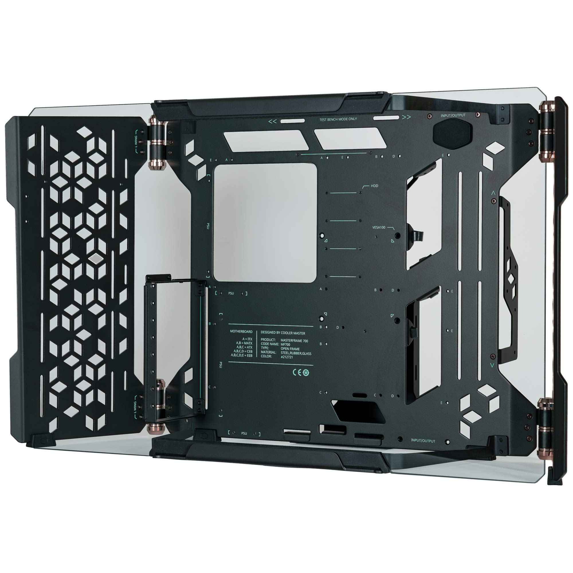 Cooler Master MasterFrame 700 Customizable Open-Air Frame ATX Case, Panoramic Tempered Glass, Premium Variable Friction Hinges, Built-In VESA Mount, Test Bench Mode (MCF-MF700-KGNN-S00)