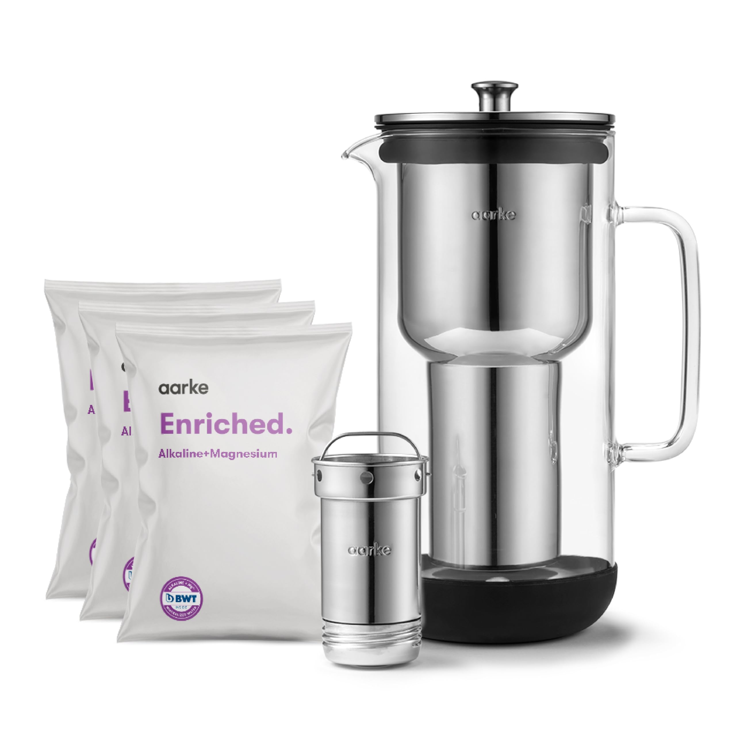 aarke Purifier Regular - 1.18 L Glass Water Filter Pitcher Bundle, Refillable Stainless Steel Filter, BPA-Free, Includes (3-Pack) Refill Enriched Granules, Reduce Heavy Metals and Adds Minerals