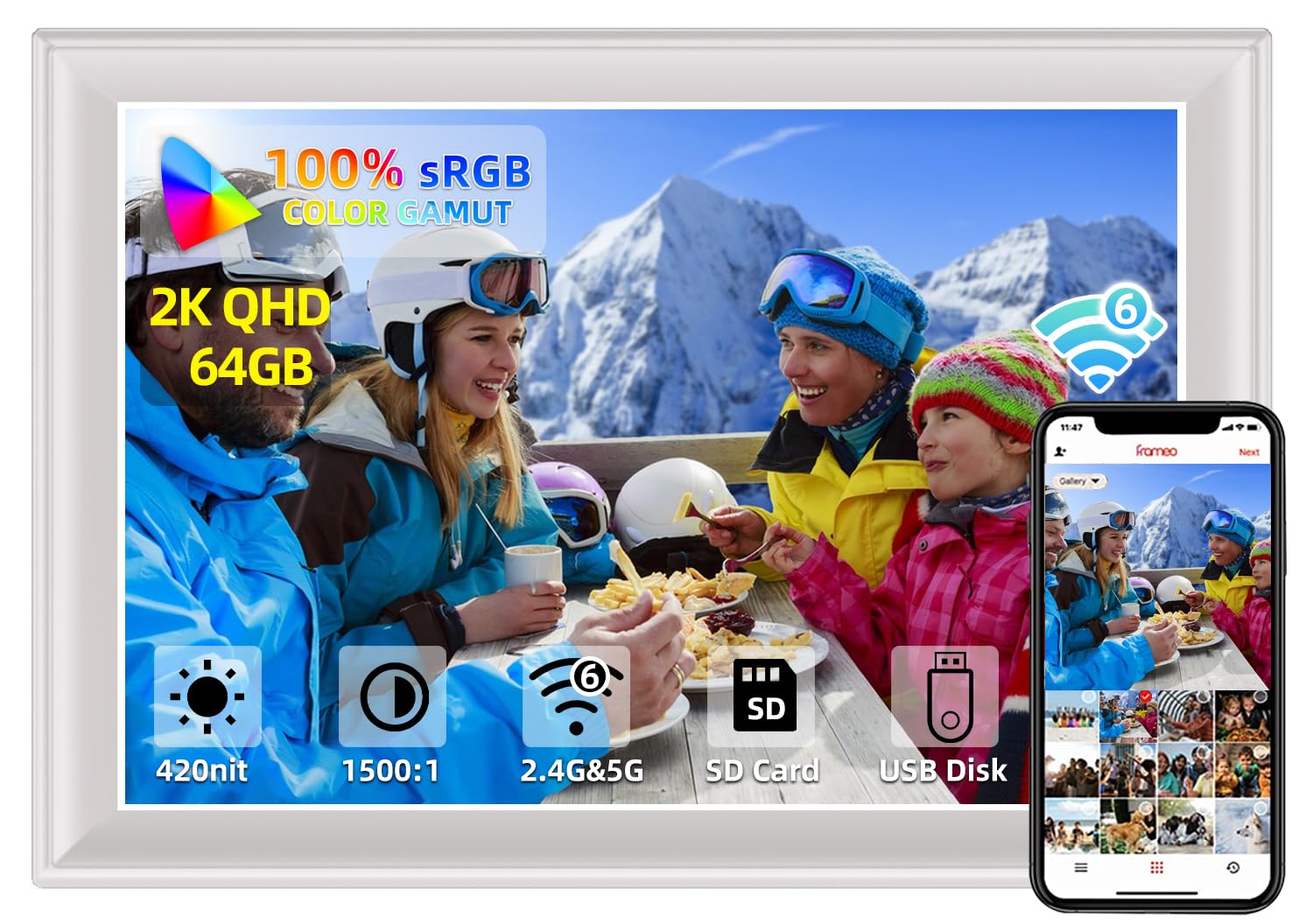 64GB 2K 11inch Digital Photo Frame WiFi6&5G Digital Picture Frame 100% sRGB 1920x1280 FHD IPS Touch Screen,Share Photos & Videos via Frameo App, Extend Storage by SD Card and USB Drive,Clock,Weather