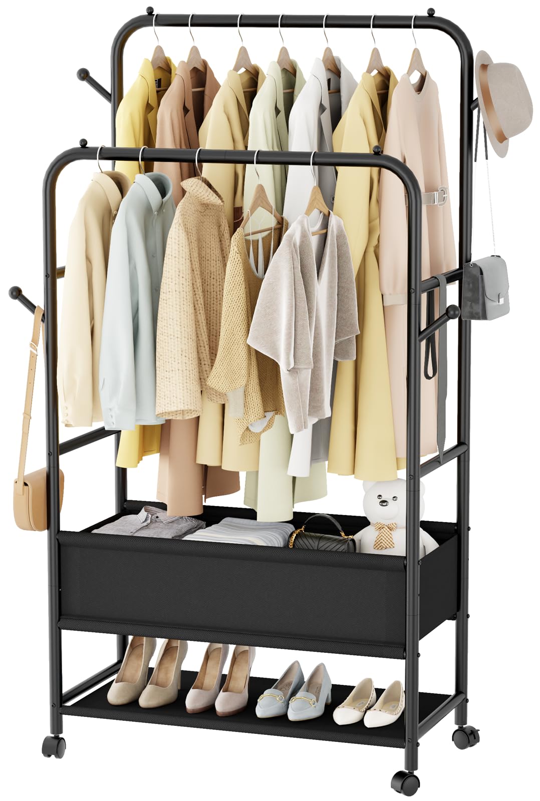 Furologee Double Rods Clothing Garment Rack with Wheels and Storage Box, Clothing Rack for Hanging Clothes with 4 Hooks, Portable Rolling Closet Wardrobe Organizer for Bedroom, Living Room, Black
