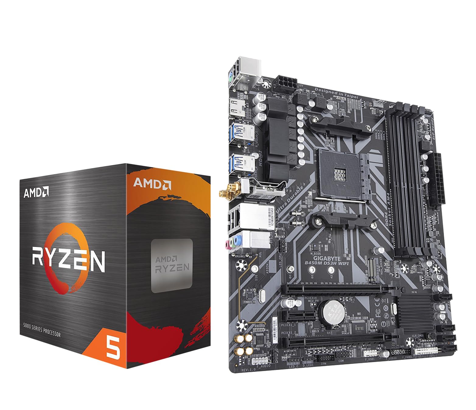 INLAND CPU Motherboard AMD Ryzen 5 5500 6-Core 12-Thread Unlocked Desktop Processor with GIGABYTE B450M DS3H WiFi MATX AM4 Gaming Motherboard