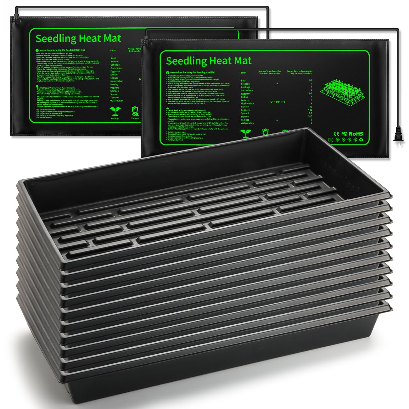 RooTrimmer Seed Starter Kit - 10 Pack 1020 Seed Trays with 2 Seedling Heat Mats for Plants (10"x20.5"), Complete Seed Germination Kit for Indoor Gardening, Greenhouse Accessories