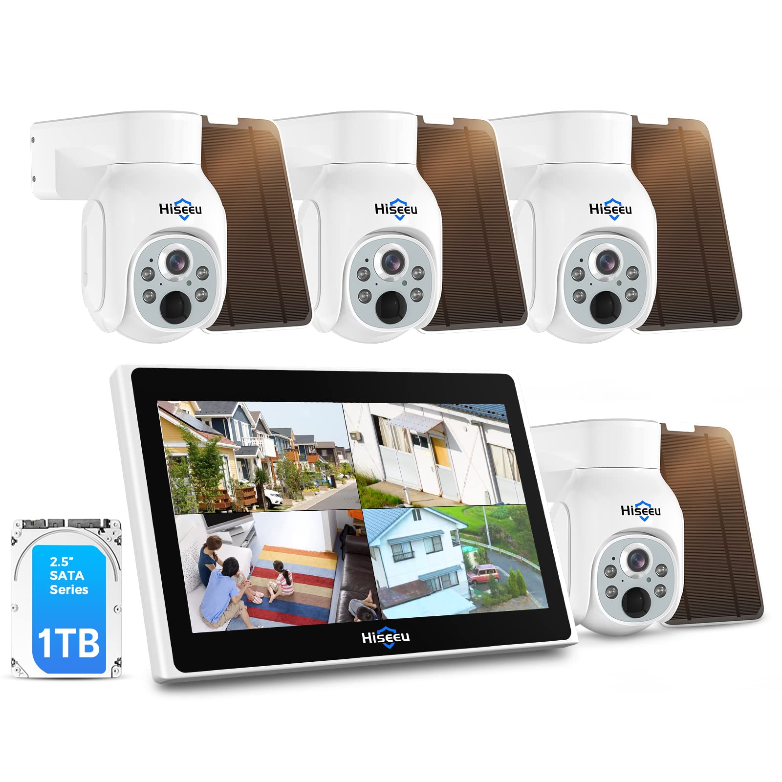 Hiseeu Solar Security Camera Outdoor, 4PCS 4MP Wireless Security Camera System with 10in LCD, 2-Way Audio, PT 360°, Night Vision, Motion Detection, 2.4G WiFi, No Subscription fee
